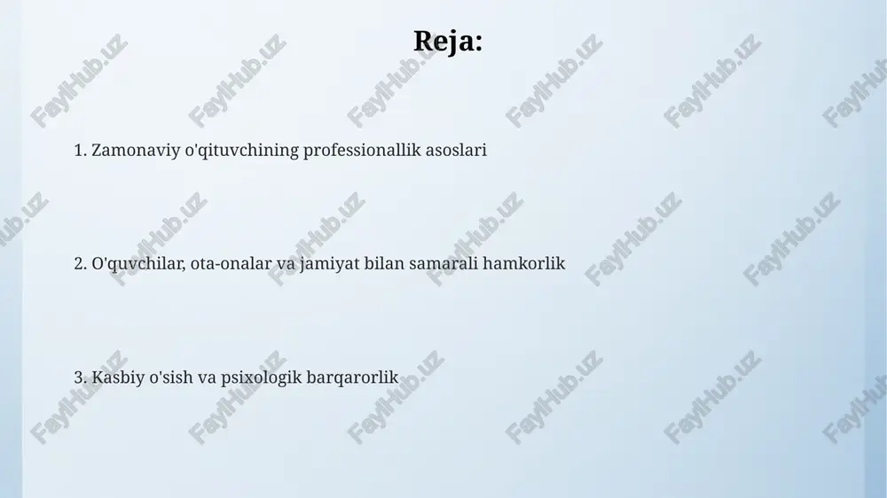 urslar, jumladan, khan academy kabi platformalar, o'quvchilarga moslashtirilgan ta'limni ta'minlaydi va o'zlashtirish darajasini 35% ga oshirishi mumkin. virtual reallik (vr) texnologiyalari darslarda qo'llanilganda, o'quvchilarning mavzularni tushunish darajasi 40% ga ortadi, bu ayniqsa, amaliy fanlarda muhim. o'qituvchining shaxsiy rivojlanishi va o'z-o'zini takomillashtirishi o'z-o'zini takomillashtirish uchun o'qituvchilar swot tahlilidan foydalanib, kamida 3 ta kuchli va zaif tomonlarini aniqlab, shunga mos reja tuzishlari kerak. o'qituvchilar har yili kamida 40 soatlik kasbiy rivojlanish kurslarida qatnashishlari, yangi o'qitish metodlarini o'rganishlari va 21-asr ko'nikmalarini oshirishlari zarur. pedagoglar stressni boshqarish uchun meditatsiya yoki yoga kabi 15 daqiqalik kundalik mashqlarni bajarishlari va professional murabbiydan maslahat olishlari mumkin. o'quvchilar bilan munosabat o'rnatish san'ati o'quvchilar bilan munosabatda “faol tinglash” texnikasidan foydalaning. so'zlarni takrorlang, xulosalar chiqaring va savollar berib, ularni tushunganingizni ko'rsating. o'quvchilar bilan munosabatda “5:1 nisbat” qoidasiga rioya qiling: har bir tanqidga 5 ta ijobiy izoh bering. bu ularning o'ziga ishonchini mustahkamlaydi. empatiyani rivojlantirish orqali, o'quvchining 360 darajali nuqtai nazarini …