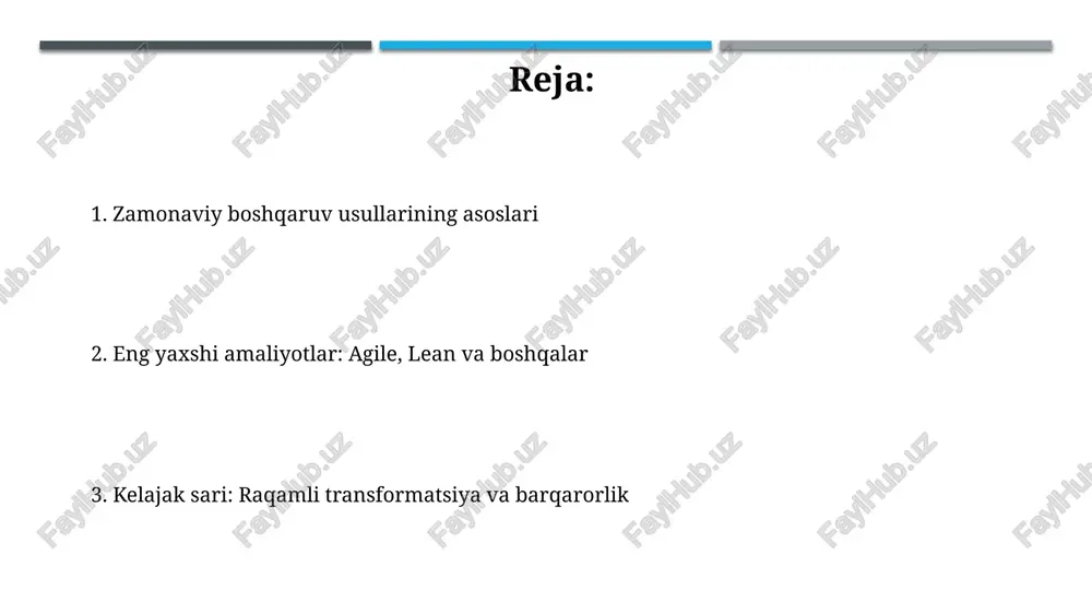 emas. xodimlarni jalb qilish, rivojlantirish va liderlik xodimlarni jalb qilish 70% gacha oshishi mumkin, agar shaxsiy rivojlanish rejalari va mentorlik dasturlari joriy etilsa, bu esa ularning qobiliyatlarini oshiradi va ish joyida motivatsiyani kuchaytiradi. liderlik uslublarining moslashuvchanligi, xususan, transformatsion liderlik, xodimlarning jalb qilinishi va innovatsiyalarga 45% gacha hissa qo'shishi mumkin, chunki u shaxsiy o'sishni rag'batlantiradi. o'zgarishlar, loyihalar, risklar va sifatni boshqarish o'zgarishlarni boshqarish, 8 qadamli kotter modeli kabi, tashkilotlarga yangi texnologiyalar yoki tuzilmalarni muvaffaqiyatli joriy etishga yordam beradi va qarshilikni kamaytiradi. loyihalarni boshqarish, prince2 metodologiyasi orqali, resurslarni samarali taqsimlash, muddatlarni qat'iy nazorat qilish va 9 ta bilim sohasini muvofiqlashtirish orqali maqsadlarga erishishni ta'minlaydi. barqarorlik, ijtimoiy mas'uliyat va texnologiyalarning roli barqarorlikda esg (ekologik, ijtimoiy, boshqaruv) ko'rsatkichlari muhim bo'lib, 2030-yilgacha qulayliklarni oshirish uchun texnologik yechimlar orqali korxonalar resurslardan oqilona foydalanishi zarur. ijtimoiy mas'uliyat korporativ strategiyaning bir qismi bo'lib, texnologiyalar 17 ta barqaror rivojlanish maqsadlariga (sdgs) erishishga yordam beradi, masalan, ta'lim va sog'liqni saqlash …