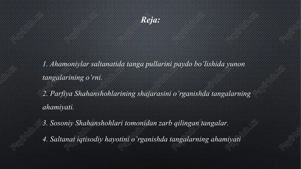 tomonida tiz chukkan kuyi kamon otayotgan podsho yoki askarning tasviri ask ettlrilgan. tadkikotchilarning fikriga qaraganda ahamonillar davlatining oltin tangalariga berilgan" darik" nomi miloddan avvalgi 522-486 yillar hukmronlik qilgan podsho doriy gistasp nomi bilan bog’liq, chunki dastlab bu tangalar usha paytdan boshlab muomalaga chiqarilgan. milloddan avvalgi iv asrning uchinchi choragida qudratli ahamoniylar saltanati aleksandr makedonskiy qo’shinlari zarbasidan quladi. millodan avvalgi 330-327 yillarda qadlmgi zamonning eng zabardast lashkarboshisi orta osiyoni zabt etish bilan band bo’ldi. tub yerlik aholi uning usha paytdagi ilg’or qo’shinlariga qarshi qahramonona kurash olib borganlar. makedonskiy qo’shinlari shahar va qishloqlarni bosib oldi. bir qancha vaqt o’tgandan keyin o’rta osiyo elliada davlati asoratiga tushib qoladi: ilg’or grek madaniyati sharqning eng olis nuqtalariga kirib boradi. ellada ta`siridagi mamlakatlar o’rtasida mol ayirboshlash va madaniy aloqalar kuchaydi. aleksandr makedonskiy jangchilari o’zlari bilan birga muomaladagi tangalarini olib kelishlari shubhasizdir. ammo ular yerlik aholi orasida urf – bo’lganmikan? degan savol tug’ilishi mumkin. fanda bu farazlarni …
