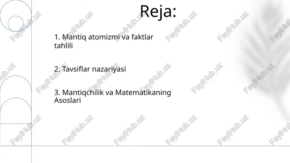 fiy asarlari russelning mantiqiy qarashlari, uaytxed bilan hamkorlikda yozilgan "principia mathematica" (1910-1913) asariga asoslanib, matematikani mantiqqa qisqartirishga qaratilgan edi rasselning to'plamlar nazariyasiga, xususan, deskriptorlar nazariyasi (masalan, "hozirgi fransiya qiroli") bo'yicha ishlari va aniq deskriptorlar tahlili orqali kiritgan hissasi tilni va falsafiy muammolarni aniqlashdagi mantiqning rolini inqilob qildi. ta'siri lingvistika va kognitiv fanlar kabi turli fanlarga ham ta'sir ko'rsatdi. 5. rasselning matematika haqidagi qarashlari uning kembrijdagi vittgenstein ta'siridagi mantiqiy atomizmi (1910-yillar – 20-yillar) dunyoning mantiqiy bog'lovchilar orqali bog'langan sodda, bo'linmas faktlar ("atom faktlar")dan iboratligini ta'kidladi. bu uning taklif mantig'iga va matematik ifodalarni tahliliga ta'sir ko'rsatib, paradokslardan qochuvchi mantiqiy mukammal til yaratishga urinishga olib keldi rasselning dastlabki asarlari (masalan, "matematikaning prinsiplari", 1903) logisitsizmni himoya qilib, butun matematikani mantiqqa qisqartirishga intiladi. u barcha matematik haqiqatlarni sof mantiqiy aksiomalardan olish mumkinligiga ishongan va bu kembrij va vena doirasiga ta'sir ko'rsatgan 6. mantiq atomizmi mantiqiy atomizm analitik falsafa rivojiga katta ta'sir ko'rsatib, metafizika (masalan, "mavjudlik"ni …