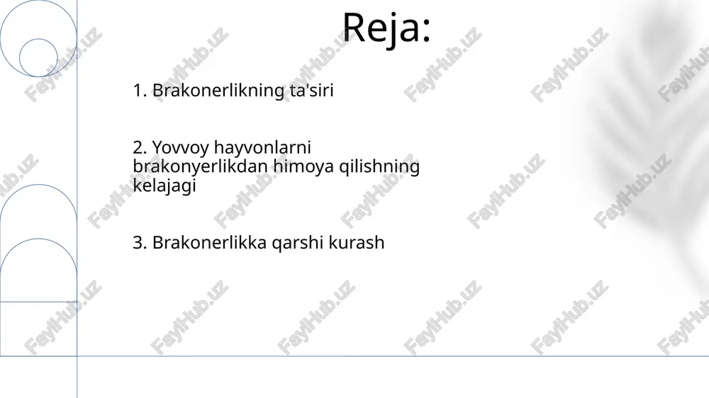osiyo bozorlari, ayniqsa, xitoy va vetnamda talabning yuqoriligi fil suyagini brakonyerlik inqirozini kuchaytirib, narxlar 1 kg uchun 1000 dollarga yetmoqda va tashkil etilgan jinoyatchilikni jalb qilmoqda 6. jamoatchilik ishtiroki va ta'lim kruger milliy parkida 300 mahalliy aholi a'zolari 12 qo'riqchi patrullida ishtirok etib, 2 yilda noshirlar sonini 25% ga kamaytirdi. 5000 maktab o'quvchisiga yovvoyi tabiatni muhofaza qilishning iqtisodiy va ekologik ahamiyati haqida ma'lumot berildi. 200 000 dollar mablag' jalb qilindi. janubiy-sharqiy osiyodagi (masalan, tayland, vetnam) yovvoyi hayot savdosini qonuniylashtirishga qarshi ta'lim dasturlari 50 maktabda 10 000 talabani qamrab oldi. darslarda yo'qolib ketish arafasidagi turlar (yo'lbarslar, pangolinlar) haqida xabardorlik, huquqiy oqibatlar va muqobil turmush kechirish usullari o'rgatildi 7. o'lja talabiga qarshi kurash e'tiboringiz uchun rahmat @taqdimot_robot image1.png image2.jpg image3.jpg image4.jpg image5.jpg image6.jpg image7.jpg image8.jpg
