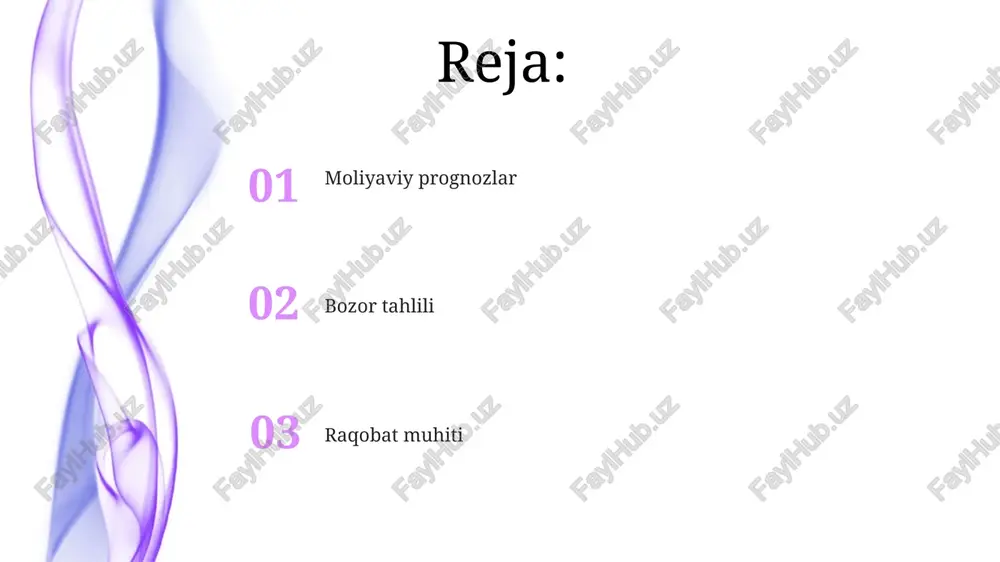 rvices (aws), microsoft azure va google cloud platform (gcp) tomonidan boshqariladi, ular birgalikda global bozorning 60% dan ortig'ini egallaydi tesla (aqsh, kaliforniya) elektr avtomobillar bozorida yetakchi bo'lib, volkswagen (germaniya), toyota (yaponiya) va hyundai (janubiy koreya) kabi yirik avtomobil ishlab chiqaruvchilardan kuchli raqobatga duch kelmoqda moliyaviy prognozlar 2024-yil 3-chorag'i uchun moliyaviy prognozlar daromadning 15% ga oshishini, $1.2 millionni ko'rsatmoqda. buning asosiy sababi shimoliy amerika bozorida x mahsulotining muvaffaqiyatli chiqarilishi va yevropa ittifoqida prognoz qilingan sotuvlarni 8% ga oshirib, €500,000 ga yetkazilishi 2023-yil 1-choragidan beri yillik 20% o'sish va 2025-yil 2-choragida osiyo (yaponiya va janubiy koreya) bozoriga kengayishni hisobga olgan holda, 2024-yil oxiriga kelib sof foydani yiliga 25% ga oshirishni, ya'ni 300 000 dollarga yetkazishni rejalashtirmoqdamiz jamoa va mutaxassislar 3 ta katta ma'lumotshunos olimlar (phd, mit, stanford, kembrij), 2 ta mashina o'rganish muhandisi (google cloud sertifikatli, aws sertifikatli) va 5 ta kichik ma'lumot tahlilchilaridan (michigan universiteti, ucla) iborat jamoa statistik modellashtirish (beyes, …
