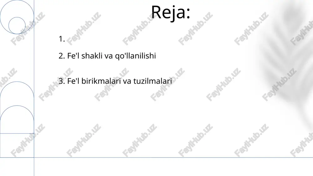 hakllari (masalan, "yugurib kelgan edi", "o'ynab kelgan") o'tgan va davom etgan zamonlarning jihatlarini birlashtiradi. ular biror vaqtga qadar davom etgan harakatning davomiyligini ta'kidlaydi ingliz grammatikasiydagi progressiv zamonlar (davomiy zamonlar) davom etayotgan harakatlarni ifodalaydi. ular "be" fe'lining (am, is, are, was, were, being, been) va fe'lning -ing qo'shimchasiga ega hozirgi ishtirok shaklining birikmasidan iborat. masalan: "men o'qiyapman", "u o'qiyotgan edi", "ular ishlab kelishgan" 6. fe'l yoki fe'l shakllari muntazam fe'llar moslashuvi har xil zamon, kayfiyat va shaxslarda bashorat qilinadigan naqshga amal qiladi. no muntazam fe'llar esa bu naqshdan sezilarli darajada chetga chiqadi (masalan, ingliz tilidagi "go", "be", "have"). fe'lni o'zgartirish, lingvistikada, fe'lning shaklini zamon (o'tgan, hozirgi, kelasi), ko'rinish (tugallangan, davom etayotgan), mayl (aniqlovchi, taxminiy, buyruq), shaxs (birinchi, ikkinchi, uchinchi) va son (birlik, ko'plik) kabi grammatik xususiyatlarni ifodalash uchun tizimli ravishda o'zgartiradi 7. modal fe'llar ingliz fe'llari son (birlik/ko'plik), shaxs (birinchi, ikkinchi, uchinchi) va zamonni ko'rsatish uchun o'zgaradi; noqonuniy fe'llar (masalan, go, …