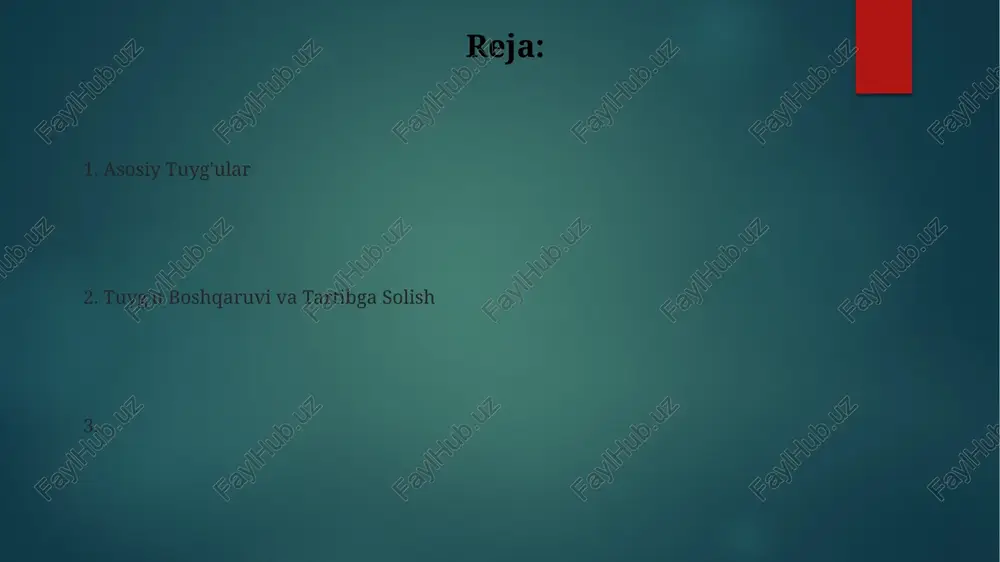 sdiqlangan asboblar (masalan, depressiya uchun phq-9, tashvish uchun gad-7) yordamida o'lchanadi hissiy qo'zg'atuvchilarni aniqlash shaxsning hissiy xususiyatlari: tugʻma xususiyatlar (masalan, introversiya/ekstroversiya; "besh katta xususiyat" testi natijalari: nevroz – 7, xushmuomalalik – 3), oʻrganilgan xatti-harakatlar (2015 yildagi travmadan keyingi shartli reaksiyalar) va moslashuv mexanizmlari (meditatsiya, mashqlar – haftada 3 marta) hissiy xususiyatlarni tushunish uchun keng qamrovli yondashuv (30 kunlik kayfiyat kundaligi, 5 kishining kuzatishlari, kortizol darajasi va uyqu rejimlari) zarur hissiy tartibga solish shaxsning hissiy xususiyatlari genetika (temperament), muhit (masalan, fargʻona vodiysining qishloq joylari va samarqand shahri) hamda tajribalar (masalan, travma, hayotdagi muhim voqealar hissiy barqarorlik va moslashuv mexanizmlariga taʼsir etib, nukus kabi yirik shaharlarda terapiya talab qilishi) taʼsirida shakllanadi hissiy bardoshlilik shaxsning hissiy xususiyatlari (nervozlik, 25%, xotirjamlik) va ekstroversiya (muloqotchanlik, 30%), hamda mehr-oqibatlilik (hamkorlik, empatiya, buxoro 40%) o'zbekistonning 10 hududida turlicha namoyon bo'ladi. madaniy me'yorlar ifodalanishga ta'sir qiladi. tuyg'ularni ta'riflash shaxsning hissiy xususiyatlari (quvonch 20%, qayg'u 15%, g'azab 10%, qo'rquv …
