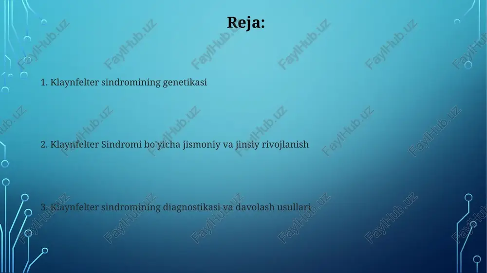bir xil qoladi. tashxis ko'pincha nozik namoyon bo'lishi tufayli balog'at yoshiga yoki kattalik yoshiga kechiktiriladi. turli diagnostika mezonlaridan foydalangan tarqalish tadqiqotlari turlicha natijalar beradi (masalan, 47,xxy kariotip, klinik alomatlar). turli mamlakatlardan olingan ma'lumotlar nomuvofiqlikni ko'rsatadi. klaynfelter sindromi (ks), taxminan har 500 dan 1000 gacha yangi tugʻilgan oʻgʻil bolalarda uchraydigan jinsiy xromosomalar aneuploidiyasi. geografik jihatdan farq qiladi, ba'zi hududlarda ko'proq uchraydi. tarqalish ko'rsatkichlari ko'pincha kariotip tahliliga bog'liq. xulq-atvor xususiyatlari xulq-atvor xususiyatlari passivlikning oshishi, emotsional beqarorlik va o'rtacha yuqori darajadagi xavotir va depressiya; bu xususiyatlar shaxslar orasida turlicha zo'rlikda namoyon bo'lib, yevropa va osiyo kabi hududlarda turli yosh guruhlari va ijtimoiy-iqtisodiy qatlamlar orasida ijtimoiy moslashuvga ta'sir qiladi ta'sirlangan erkaklarda motor ko'nikmalar rivojlanishida (nozik va umumiy motor muvofiqlashtirish) qiyinchiliklar bo'lishi mumkin, bu esa epchillik yoki sport bilan shug'ullanishni talab qiladigan faoliyatlarda muammolarga olib keladi gormon terapiyasi jinsiy rivojlanish va tugʻruq qobiliyati klaynfelter sindromi (ks), 47,xxy kariotip bilan tavsiflanib, butun dunyo bo'yicha 500-1000 erkakdan …
