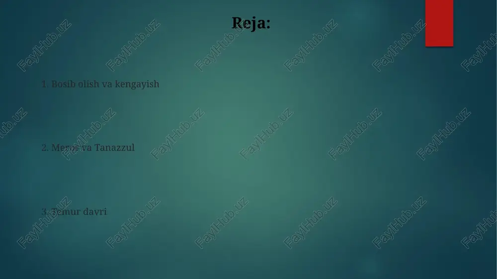 onasi bilan mashhur temur nevarasi ulugʻbek (1409-1449) davrida oʻzining yuksalishiga yetdi. arxitektura yutuqlari (registon maydoni, samarqand) va astronomiya, matematika sohalaridagi taraqqiyot (herat, samarqand) muhim madaniy yutuqlar hisoblanadi harbiy yangiliklar va taktika 14-15-asrlar timuriylar qoʻshinlari anʼanaviy otliq (turkman, moʻgʻul) hujumlari bilan birga oʻq-dorilar (toplar, raketalar)ni samarali ishlatib, dehlio va bagʻdod kabi mustahkam shaharlarga qarshi qamal urushlari taktikasini yaxshilashgan; yangi jang maydoni manevrlari ustun harakatlanuvchanlik va kamondan otishdan foydalanishgan. temuriylar otliq qo'shin taktikasi yuqori harakatchanlikdagi qanot hujumlari va yolg'on chekinishlarni o'z ichiga olgan bo'lib, suriyadagi (anqara, 1402) mamluk va usmonli qo'shinlariga qarshi ustun otliqlik va kamonchilik mahoratidan foydalangan siyosiy va ijtimoiy tuzumlar madaniy homiylik va badiiy gullab-yashnash temur (amir temur)ning (1370-1405) yutuqlari va keyingi hukmdorlarning infratuzilmaga kiritgan sarmoyalari badiiy faoliyatni qo'llab-quvvatladi. yirik shahar markazlari madaniy mahsulot ishlab chiqarish markazlariga aylanib, turli hududlardan rassomlarni jalb qildi temuriylar homiyligi (xiv-xv asrlar) ulkan imperiya boʻylab, fors (herat, samarqand, tabriz), markaziy osiyo va hindistonning ayrim qismlarida …
