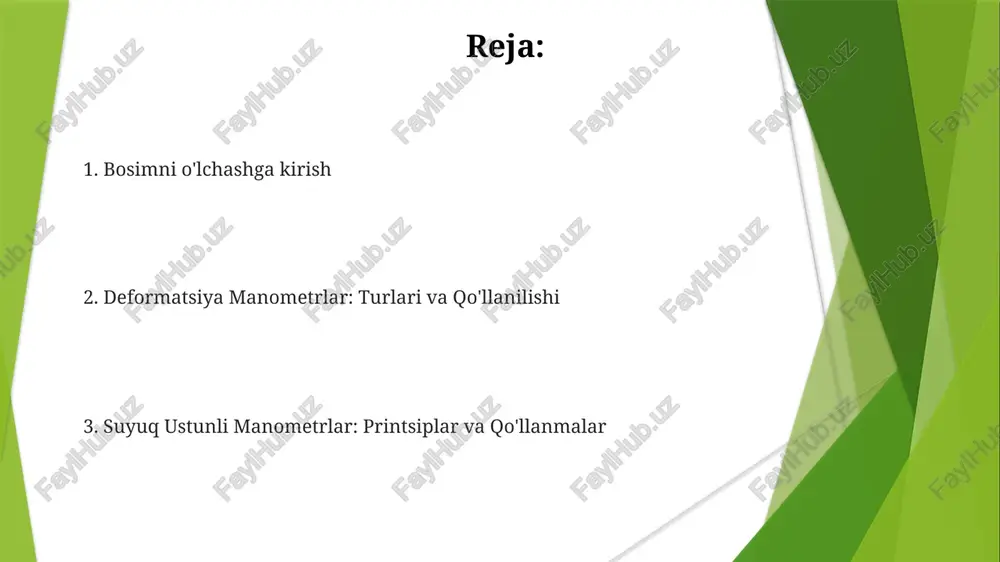 n, simob uchun 13,6 g/sm³) va ustun balandligiga (masalan, vernier shkalasi yordamida mm yoki dyuymlarda o'lchanadi) bog'liq deformatsiya manometrlar (masalan, burdon naychasi, diafragma, mex) elastik elementning bosim ta'siridagi deformatsiyasidan foydalanadi. diafragma sensorlari 0,1 kpa dan bir necha mpa gacha bo'lgan bosimni o'lchab, tibbiyot asboblarida (masalan, qon bosimini o'lchash) va hvac tizimlarida qo'llaniladi diafragma manometrlari diafragma manometrlar bosimni o'lchash uchun burdon naychalari, diafragmali yoki gofrirovka qilingan metallardan foydalanadi (0-1000 psi oralig'ida), sanoat jarayonlarida (masalan, kimyo zavodlari, hvac tizimlari) quvurlardagi bosimni kuzatish uchun qo'llaniladi. deformatsiya manometrlar (masalan, burdon naychasi, membranali) bosimni ko'rsatish uchun komponentning elastik deformatsiyasidan foydalanadi; vakuumdan yuqori bosimgacha (masalan, 0-10,000 psi) o'lchov diapazoni – ko'pincha neftni qayta ishlash zavodlari va elektr stansiyalarida uchraydi. suyuq ustunli manometrlar (u-simon, qiyalik) bosim farqini suyuqlik balandligi (masalan, simob, suv) yordamida o'lchaydigan bo'lib, sezgirligi suyuqlik zichligiga va ustunning qiyaligiga bog'liq; aniqligi suyuqlik yopishqoqligi va haroratiga bog'liq bo'lib, laboratoriya sharoitlarida, past bosimni o'lchashda qo'llaniladi. bosim o'lchash …