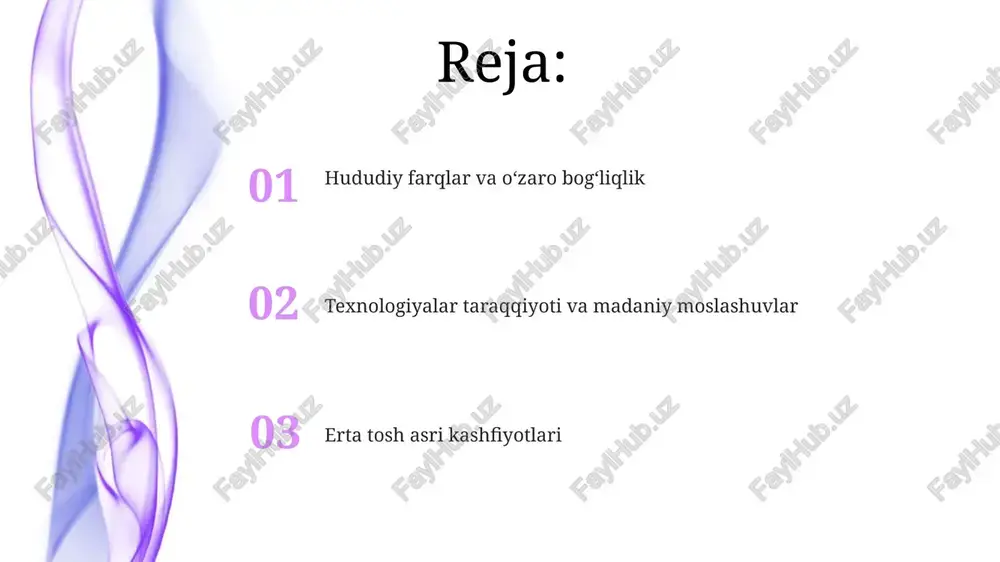 tadi. geografik tarqalish janubiy osiyodagi paleolit davr aholisining geografik tarqalishiga muhitning sezilarli o'zgarishlari ta'sir qilgan. pleistotsen davrlaridagi mussonlarning tebranishi, muzlik davrlari va daryo tizimlari resurslarning mavjudligi va yashash joylarining mosligi ta'sir qilgan asosiy arxeologik joylar hindistonning markaziy narmada vodiysi: taxminan 250 000-125 000 yil avval bir qancha joylarda aşulyen texnologiyalari (qo'l boltalari, ikki yuzli asboblar) topilgan; xatnora, narmada vodiysining o'zi; o'rta paleolit davrining muhim izlarini ochib beradi; topilmalar ilg'or asbob yasash texnikasini ko'rsatadi. hududlardagi aloqalar janubiy osiyodagi attirampakkam (hindiston) kabi joylardagi litologik texnologik o'xshashliklar acheulean qo'l boltalarining mintaqalararo almashinuvi haqida dalolat beradi va bu 1,5 million yil avval keng ko'lamli qadimgi odamlar migratsiya tarmoqlarini arabiston yarim oroli orqali afrikadan erta gomoninlarning tarqalishi bilan bog'lash mumkin. texnologiya taraqqiyoti insonsimonlar evolyutsiyasi madaniy farqlar 01 02 sales 1st qtr 2nd qtr 100 0 sales 1st qtr 2nd qtr 100 0 e'tiboringiz uchun rahmat @taqdimot_robot image4.jpg image5.jpg image6.jpg image7.jpg image8.jpg image9.jpg image10.jpg image11.jpg image12.jpg …