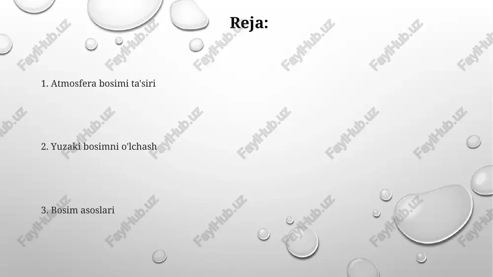 h tezlanishi (9.81 m/s²), h – chuqurlik (metr). bosim birliklari: paskal (pa), atmosfera (atm), kvadrat dyuymga funt (psi) bosim har qanday yuzaga perpendikulyar ta'sir qiladi. paskal printsipi shuni aytadiki, chegaralangan siqilmaydigan suyuqlikdagi bir nuqtadagi bosim o'zgarishi butun suyuqlikka uzatiladi. qo'llanilishi: gidravlik tizimlar (masalan, avtomobil tormozlari) bu printsipni kuchni ko'paytirish uchun ishlatadi dengiz sathidagi atmosfera bosimi (sirtyuzaki bosim) o'rtacha 101,325 pa (1 atm). bu bosim yuqoridagi havo ustunining og'irligidan kelib chiqadi. balandlik atmosfera bosimiga sezilarli ta'sir ko'rsatadi; bosim balandlik ortgan sayin eksponensial ravishda kamayadi (masalan, everest tog'i). barometrlar atmosfera bosimini o'lchaydi. yuzaki bosimining ta'siri gazga bosim oshishi uning hajmini kamaytiradi (boyl qonuni). bu prinsip suv osti sho'ng'in (chuqurlikdagi bosimning ortishi havo ballonlarini siqadi) va sanoat jarayonlarida (masalan, kimyo zavodlaridagi yuqori bosimli gaz ballonlari) muhim ahamiyatga ega yüza bosimi (atm) qaynash haroratiga sezilarli ta'sir qiladi; bosim yuqori bo'lsa, qaynash harorati ham yuqori (masalan, suv denver, koloradoda 1 atmda 100°c da qaynaydi, lekin …