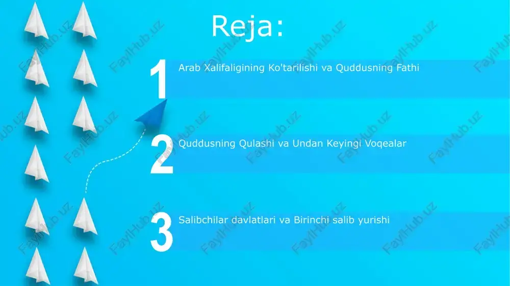 rtirdi, asrlar davomida xristianlar va musulmonlar o'rtasidagi ziddiyatni kuchaytirdi. yurishlar o'rtayer dengizi savdo yo'llarini mustahkamladi va harbiy taraqqiyotni rag'batlantirdi. ayyubiy hukmdorligi kuchaygan, shohliklar esa parchalangan holda qoldi. uchinchi salib yurishi quddusni to'liq qaytarib ololmasa ham, tir va yafo kabi sohilbo'yi salibchi davlatlarini himoya qilib, muqaddas yerga kirishni ta'minladi. richard i ziyoratchilarning quddusga kirishiga imkon beruvchi shartnomani tuzdi. yevropa kuchlari uchun katta inson va resurs yo'qotishlari bo'ldi. quddus qamalı (638-yil) 638-yilda umar xalifa boshchiligidagi musulmon xalifaligi quddusni qamal qildi; patriarx sofroniys shaharni nisbatan qisqa muddatli qamaldan keyin topshirdi va shaharning nasroniylar aholisini himoya qilishni kafolatladi. taslim bo‘lish shartlari jizya soliqni o‘z ichiga oldi; hokimiyat tinch yo‘l bilan o‘tkazildi. quddusning qo'l almashinuvi: ikkala qamal ham quddusning diniy va siyosiy manzarasini tubdan o'zgartirdi. hokimiyat vizantiya imperiyasi, musulmon xalifaliklari, salibchilar shohligi va nihoyat, usmonli imperiyasi o'rtasida o'zgarib, asrlar davomida uning xilma-xil aholisiga ta'sir ko'rsatdi. islomning yuksalishi va arab xalifaliklari start umayya xalifaligi (661-750) shimoliy …