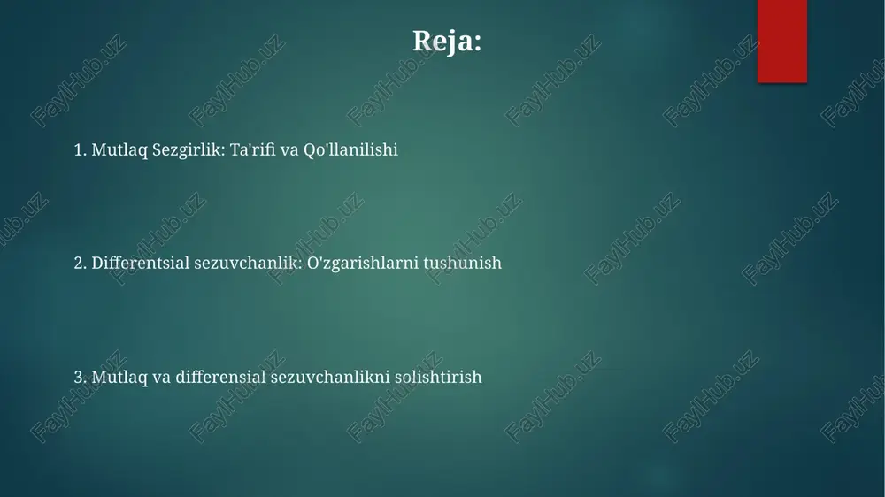 r javob tarafkashligiga (mezon) bog'liqligini ko'rsatadi. signal aniqlash nazariyasining qo'llanilishi farqlash sezuvchanligi, ikki qo'zg'atuvchi o'rtasidagi sezilarli farq (masalan, 2 va 2,1 kg og'irliklar), qo'zg'atuvchi intensivligidagi o'zgarishlarni idrok etish qobiliyatini belgilaydi mutlaq sezuvchanlik, aniqlanadigan minimal qo'zg'alish intensivligi (masalan, inson eshitishidagi 20 gts tovush chastotasi yoki periferiyadagi 0,01 lyumen yorug'lik), chegarani o'lchash orqali aniqlanadi (masalan, zinapoya usullaridan foydalanib) seziluvchi farq chegarasi (jnd) weber qonuni jnd (seziladigan minimal farq) boshlangʻich qoʻzgʻatuvchi kuchining doimiy nisbati (masalan, 10%) ekanligini belgilaydi; 100 g da 10 g farq seziladi, lekin 1000 g da 100 g farq kerak differentsial sezuvchanlik ikki xil intensivlikdagi qo'zg'atishlarni farqlash qobiliyatini o'lchaydi; yuqori qiymat yaxshiroq farqlashni bildiradi. mutlaq chegarasi – aniqlash uchun minimal qoʻzgʻatuvchi kuch (masalan, qorongʻi xonada 0,00002 cd/m² yorugʻlik yoki 0 db spl jim tovush). bu odamlarda va sezgi turlarida farqlanadi ko'p modalli ta'sirlar va o'zaro ta'sirlar mutlaq sezilish chegarasi: ta'rifi va o'lchovi farq chegarasi (seziladigan eng kichik farq, sek): o'zgarishni …