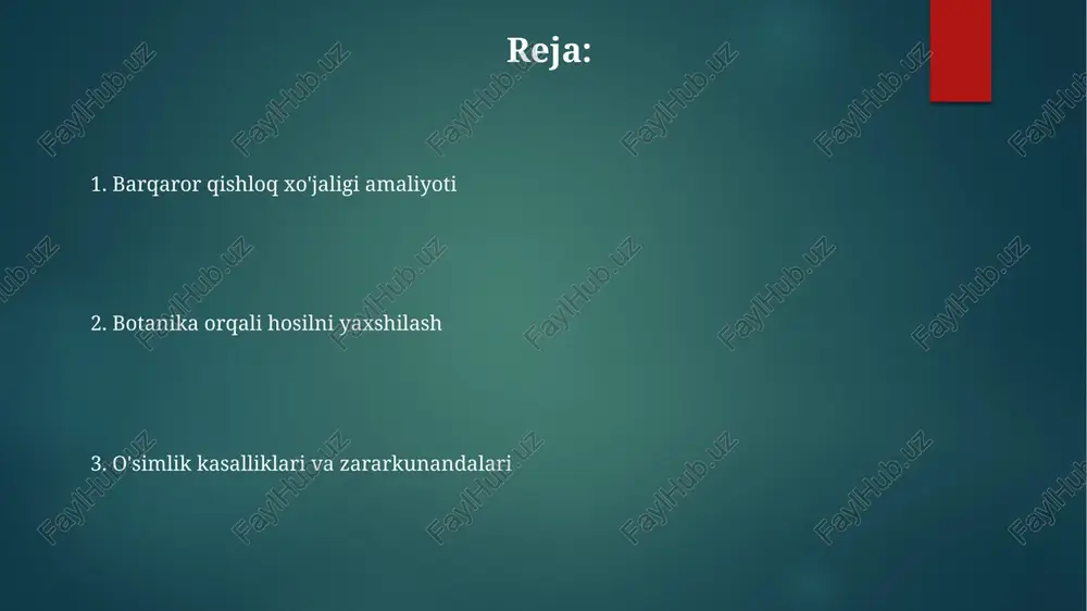 ing markaziy vodiysi kabi qurg'oqchil hududlarda 1,2 million gektar maydonni qamrab, bodom va pista kabi hosilning unumdorligini oshirib, suvni 30-50% tejaydi. qurg'oqchilikka chidamli navlarni tanlashda botanika bilimlari muhim ahamiyatga ega. suv sifatini tahlil qilish (masalan, sho`rlanish, ph darajasi) o'simliklarning ozuqa moddalarini o'zlashtirishini hisobga olgan holda o'g'itlardan foydalanishni yaxshilaydi; gang daryosi havzasidagi oqava suv ifloslanishini kamaytiradi, guruch hosilini oshiradi (yaxshilangan suv boshqaruvi bilan 15% ga), va 1 milliard odamga ta'sir qiladi. mikorizaning roli botanika qishloq xoʻjaligida hosildorlikni oshirishda (masalan, avstraliyada genomi tanlash orqali quritishga chidamli bugʻdoy navlarini yaratish, filippinda zararkunandalarga chidamli guruch yetishtirish), oʻsimlik fiziologiyasini tushunish orqali ozuqa moddalarini boshqarishni optimallashtirishda (masalan, dukkakli oʻsimliklardagi azot fiksatsiyasi) muhim rol oʻynaydi. mikoriza zamburug'lari (glomeromycota, ascomycota, basidiomycota) yer yuzidagi o'simliklarning 80% dan ko'prog'i bilan simbiotik munosabatlar hosil qilib, turli agroekosistemalarda (masalan, ayova shtatidagi makkajo'xori dalalari, osiyodagi guruch dalalari) ozuqa moddalarini (fosfor, azot) yaxshiroq o'zlashtirishlariga yordam beradi o'simlik-patogen o'zaro ta'siri (masalan, kaliforniyadagi pomidor hosilining fusarium …