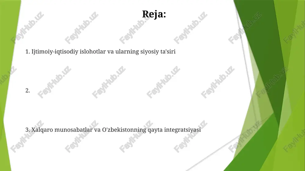 irilgan islohotlar amalga oshirildi, ammo cheklangan resurslar toshkent va samarqand kabi hududlarda kasalxona infratuzilmasi va mutaxassislarning yetishmasligiga olib keldi iqtisodiy islohotlar va xususiylashtirish o'zbekistonning iqtisodiy islohotlari (1991-hozirgi kungacha) 8000 dan ortiq davlat korxonalarini xususiylashtirish, 30 milliard dollardan ortiq to'g'ridan-to'g'ri xorijiy investitsiyalarni jalb qilish, toshkent, samarqand va farg'ona vodiysiga sezilarli ta'sir ko'rsatish va yillik yaim o'sishini o'rtacha 6-8% (2020 yilgacha) ta'minlashni o'z ichiga oldi. markazlashgan iqtisodiyotdan bozor iqtisodiyotining joriy etilishi ba'zi tarmoqlarda (masalan, namangandagi to'qimachilik) ishsizlikka, andijonda (2005) ijtimoiy tartibsizliklarga va inson huquqlariga (matbuot erkinligi, siyosiy ishtirok) ta'sir ko'rsatdi, islohotlar esa mintaqaviy rivojlanishga (qoraqalpog'iston) qaratildi. siyosiy liberalizatsiya va avtoritarizm mirziyoyev davrida (2016-hozir) sensuraning kamayishi, dinlarga bag'rikenglik va korrupsiyaga qarshi kurash kabi islohotlar amalga oshirildi. bu islohotlar xorijiy investitsiyalarni jalb qilish va o'zbekistonning xalqaro obro'sini oshirishga qaratilgan. biurokratlashgan siyosiy tizim saqlanib qolgan, inson huquqlari muammolari davom etmoqda karimov davri (1989-2016) avtoritar rejimi keng kuzatuv, oav cheklovlari va fuqarolik erkinliklariga qarshi kurash orqali …
