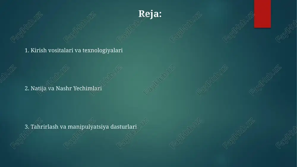 texnik illyustratsiya (solidworks, autocad) uchun maxsus dasturlar mavjud; bulutli variantlar (adobe creative cloud, canva) hamkorlik xususiyatlari va kirish imkoniyatini taqdim etadi; rasmni tahrirlash vositalari (photoshop, gimp) illyustratsiya jarayonini toʻldiradi. professional illyustratsiyada adobe illustrator (vektor grafik muharriri), coreldraw (raster & vektor), affinity designer (vektor) dasturlari ustunlik qiladi; ai, eps, svg, pdf, png, jpg kabi fayl formatlarini qo'llab-quvvatlaydi; logotiplar, illyustratsiyalar, turli platformalar (windows, macos, ipad) uchun veb grafikalar yaratishda ishlatiladi. animatsiya dasturi autodesk 3ds max (3d modellashtirish, animatsiya, renderlash), autodesk motionbuilder (personaj animatsiyasi) va houdini (3d protsessual effektlar) kabi sanoat standartlari dasturlari yuqori sifatli grafik ma'lumotlarni kiritish, tahrirlash va chiqarish uchun ishlatiladi autodesk maya, blender, adobe after effects, toon boom harmony, cinema 4d kabi animatsiya dasturlari 3d skanerlar, grafik planshetlar (wacom cintiq), styluslar, 2d chizish dasturlari (adobe photoshop, illustrator) va harakatni qayd qilish tizimlaridan (optitrack) foydalanadi grafik ma'lumotlarni kiritishda adobe photoshop (raster grafik muharriri), illustrator (vektor grafik muharriri), corel painter (raqamli rasm …
