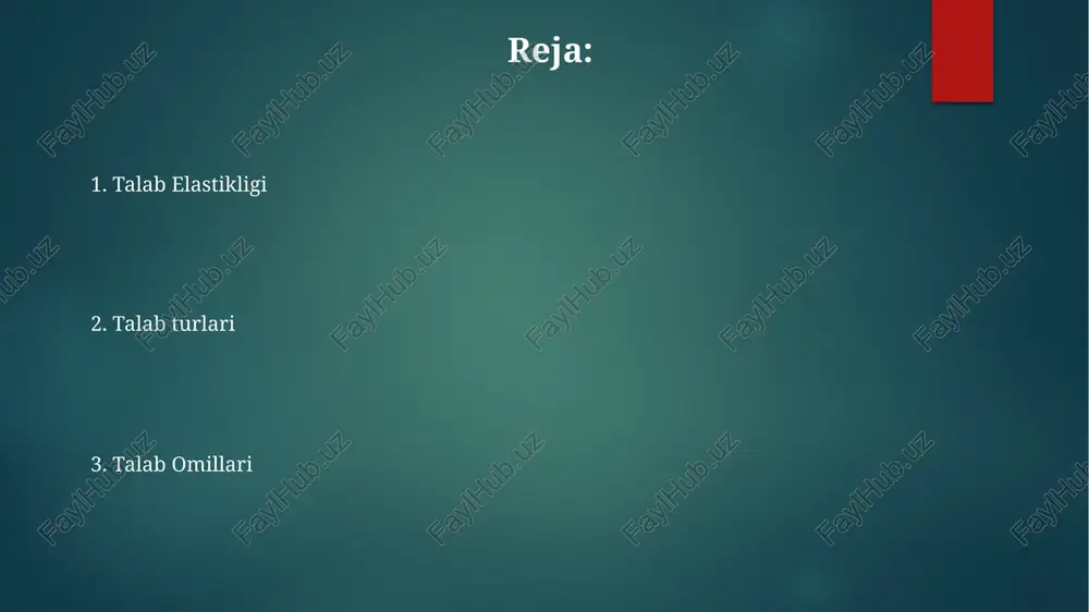individual talab (masalan, bir iste'molchining mahalliy do'kondagi olma talabi), bozor talabi (ma'lum bir bozordagi barcha iste'molchilarning umumiy talabi, masalan, jahon bo'yicha neftga talab) va kelib chiqqan talab (masalan, chikagodagi qurilish sohasidagi po'latga talab, uy-joy qurilishiga bog'liq) murakkab talab qo'shma talab: to'ldiruvchi tovarlar; masalan, 2024-yilda playstation 5 konsollarining (15 million dona) sotilishi butun dunyo bo'yicha playstation 5 o'yinlariga (30 million dona) bo'lgan talabni oshirib, tokio (yaponiya)dagi o'yin ishlab chiqaruvchilar va nyu-yorkdagi chakana sotuvchilarga ta'sir ko'rsatdi murakkab talab: kelib chiqqan talab; masalan, 2023 yildagi avtomobil sotuvi (10 million dona) detroit, michigan shtatidagi po'latga bo'lgan talabga (5 million tonna) ta'sir ko'rsatib, minnesotadagi konchilik ishlariga ta'sir qiladi shaxsiy talab: iste'molchi afzalliklari; masalan, buyuk britaniyaning london shahrida 5000 iste'molchi nike air max 97 (10-razmer) poyabzallarini sotib olishi individual ta'mlarni aks ettiradi. daromad (o'rtacha $50,000), narx (£150) va o'rnini bosuvchi mahsulotlarning mavjudligi (adidas ultraboost) ta'sir ko'rsatadi. talabning kross elastikligi talab, iste'molchining turli narxlarda sotib olish istagi …