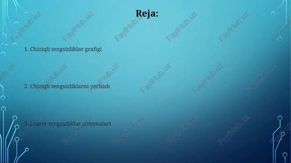 tengsizliklar sistemalari esa mumkin bo'lgan sohalarni – barcha shartlarni qanoatlantiruvchi nuqtalar to'plamini hosil qiladi lineer dasturlashning amaldagi qo'llanmalari mutlaq qiymat tengsizliklari mutlaq qiymat tengsizliklari mutlaq qiymat belgilarida ifodalarni o'z ichiga olgan tengsizliklarni yechishni o'z ichiga oladi, masalan, |2x + 5| 2) yarim tekisliklar bilan ifodalanadi chiziqli tengsizliklar sistemasini grafik usulda yechish har bir tengsizlikni (masalan, 2x + y ≤ 5, x ≥ 1) dekart tekisligiga (x, y o'qlari) chizishni o'z ichiga oladi tengsizliklar va son to'g'ri chiziqlari tengsizliklar yechimlari son chiziqda ko'rsatiladi. yopiq doira (•) kiritishni (≤ yoki ≥), ochiq doira (o) esa chiqarishni ( ) bildiradi lineer tengsizliklar ikki algebraik ifodani tengsizlik belgilaridan ( , ≤, ≥) foydalanib taqqoslashni o'z ichiga oladi. yechimlar son to'g'risida tasvirlanadi; masalan, x > 2 son to'g'risida 2 dan (ochiq aylana) boshlanib musbat cheksizlikka qadar barcha qiymatlarni ko'rsatadi ikki o'zgaruvchili chiziqli tengsizliklar grafigi lineer tengsizliklarni yechish algebraik manipulyatsiyalarni (tenglamaga o'xshash) o'z ichiga oladi, lekin …