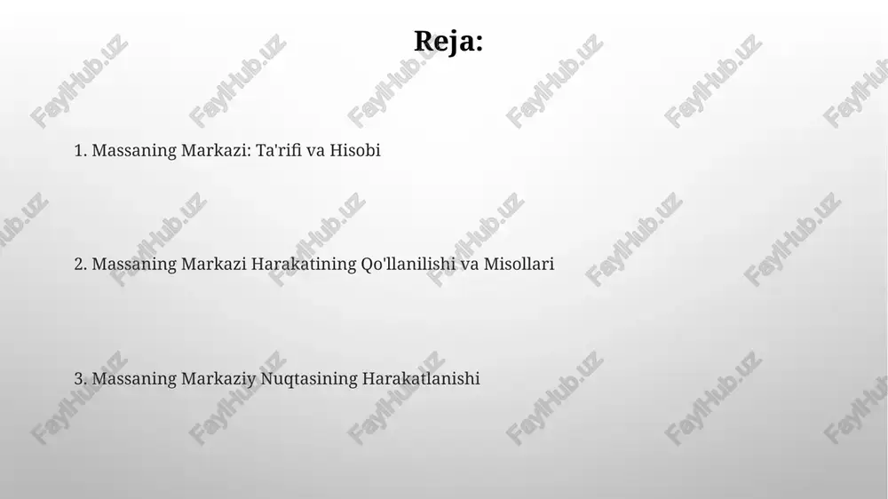 li avtomobil 20 m/s tezlikda harakatlanib, londonda 500 kg li turg'un avtomobilga urilsa, to'qnashuvning elastikligiga bog'liq holda yakuniy impuls hosil bo'ladi, ikki avtomobil sistemasining massalar markazi esa dastlabki traektoriyasi bo'yicha harakatini davom ettiradi. ichki kuchlar va massalar markazining harakati ichki kuchlar, masalan, 2 metr uzunlikdagi tayoqchadagi molekulyar o'zaro ta'sirlar yoki yer va oy orasidagi tortishish kuchlari, vektorli ravishda bir-birini qoplaydi; ular umumiy tm harakatiga ta'sir qilmaydi sodda tizimlar londondagi tekis yolda 20 m/s tezlikda harakatlanayotgan 1000 kg li avtomobilning harakatini tahlil qilishda (havo qarshiligini inobatga olmaganda) avtomobilning translatsion harakatini tavsiflash uchun massalar markazidan foydalanamiz. massalar markazi (geometrik markaz sifatida taxmin qilingan) 20 m/s tezlikda bir tekis harakatlanadi 2 kg li shar (1,2) metrda va 3 kg li shar (4,1) metrda joylashgan sodda sistemaning massalar markazi (2.6, 1.4) metrda bo'ladi. bu sistema harakatining har bir massaning og'irlik o'rtacha holatiga bog'liqligini ko'rsatadi. nyutonning ikkinchi qonuni sistemaning umumiy massasiga qo'llaniladi. massa markazining harakati: …