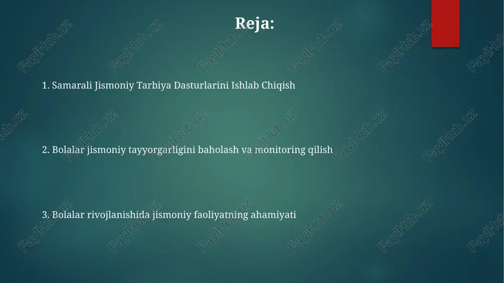 'ri texnikaga e'tibor qaratishni talab qiladi. kuch va jismoniy tayyorgarlik murabbiylari funktsional fitnessga, plyometrik mashqlarga (sakrash mashqlari) va egiluvchanlik mashqlariga ustuvorlik berishlari kerak 2-12 yoshgacha bolalar jismoniy rivojlanishi (masalan, kuniga 60 daqiqa) tuzilgan o'yinlar orqali sezilarli darajada yaxshilanadi, turli muhitlarda (bog'lar, o'yin maydonchalari, maktablar) asosiy harakat mahoratlarini (yugurish, sakrash, otish) o'z ichiga oladi motor ko'nikmalarini va muvofiqlashtirishni rivojlantirish 3-5 yoshli bolalarda ymcada asosiy motor ko'nikmalarini (yugurish, sakrash, uloqtirish) rivojlantirish to'siqlar maydoni (3-5 stantsiya) va to'p bilan mashqlar (10-15 takror) kabi tuzilgan mashg'ulotlarni o'z ichiga oladi boshlangʻich maktablar (masalan, oakvud boshlangʻich maktabi)da 6-8 yoshli bolalar uchun jismoniy tarbiya dasturi haftada 120 daqiqa muvozanatni (masalan, muvozanat taxtasida yurish), chaqqonlikni (masalan, shuttle yugurishlari) va muvofiqlashtirishni (masalan, arqon sakrash, 20 takrorlash) rivojlantiruvchi mashgʻulotlarni oʻz ichiga olishi kerak bolalar jismoniy tarbiyasida xavfsizlik va jarohatlardan himoya keng qamrovli xavfsizlik rejasi, shu jumladan favqulodda vaziyatlar uchun harakat rejasi (eap), birinchi tibbiy yordam vositalari va malakali xodimlar (masalan, …