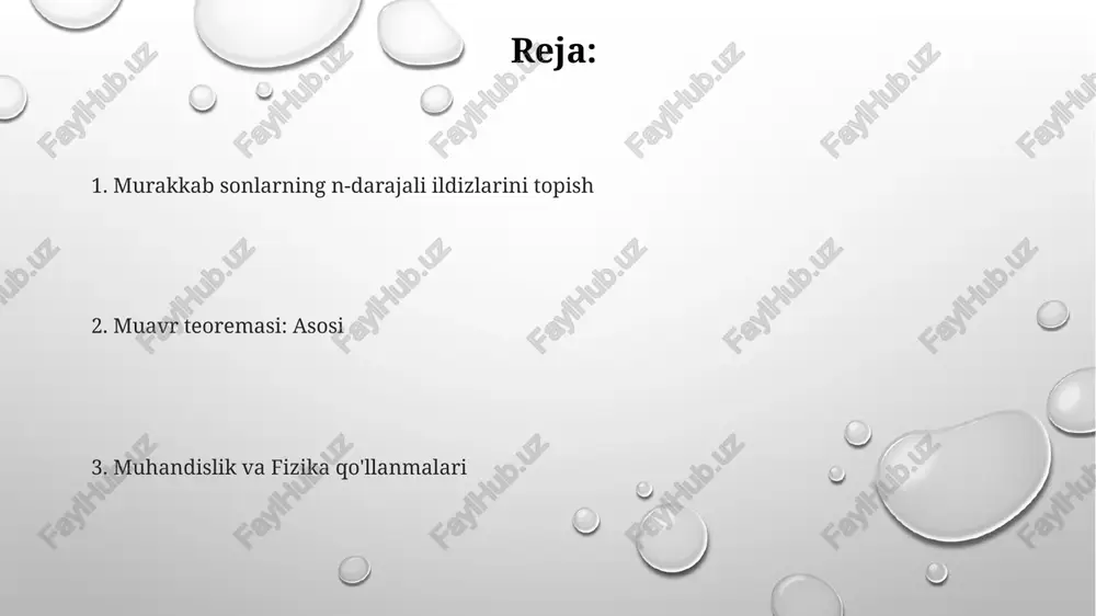 kvant mexanikasida (to'lqin funksiyalari) va fraktal geometriyada (masalan, murakkab son darajalarini o'z ichiga olgan iterativ jarayonlar orqali mandelbrot to'plamini yaratish) murakkab sonlarning darajalari va ildizlarini hisoblashda keng qo'llaniladi trigonometriyaning murakkab ildizlarni topishdagi qo'llanilishi asosiy hisoblanadi. n-chi ildizni chiqarish: jarayon muavr formulasi (cos θ + i sin θ)ⁿ = cos(nθ) + i sin(nθ) murakkab n-darajali ildizlarni topishga imkon beradi n-darajali ildizlarni topish xⁿ = z tenglamaning yechimlarini topishni o'z ichiga oladi, bu yerda n ∈ ℤ⁺ va z ∈ ℂ qo'llanilishi turli sohalarni qamrab oladi. elektrotexnika ac zanjirlarni tahlil qilishda (masalan, impedans hisoblashda) n-darajali ildizlarni qo'llaydi. signalni qayta ishlash furye transformatsiyalarida murakkab ildizlarni qo'llaydi (masalan, chastota domenini ifodalashda) e'tiboringiz uchun rahmat @taqdimot_robot image1.png image2.png image3.png