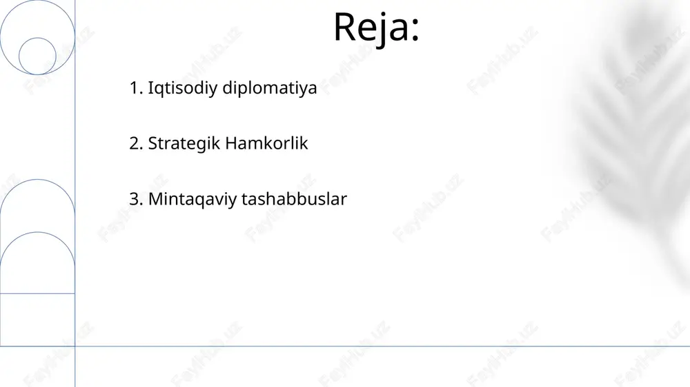 lab xalqaro tashkilotlarda ishtirok etadi o'zbekistonning mintaqaviy hamkorligi shanxay hamkorlik tashkilotini (shht), yevrosiyo iqtisodiy ittifoqiga (yeii) kuzatuvchi maqomini va mustaqil davlatlar hamdo'stligidagi (mdh) faol ishtirokini o'z ichiga olib, markaziy osiyodagi savdoga ta'sir ko'rsatadi (masalan, 2023 yilgi ma'lumotlarga ko'ra, qozog'iston bilan 30% oshdi) o'zbekiston 100 dan ortiq davlat, jumladan, rossiya, xitoy, turkiya va janubiy koreya kabi yirik savdo sheriklari bilan ikki tomonlama kelishuvlar orqali xalqaro hamkorlikni amalga oshirmoqda. yevropa ittifoqi, yaponiya va aqshning milliardlab dollarlik muhim investitsiyalari iqtisodiy o'sishni ta'minlamoqda 5. mintaqaviy hamkorlik 6. madaniy almashinuv dasturlari 7. ikki tomonlama munosabatlar oʻzbekistonning yillik 100 million dollardan ortiq rivojlanish yordami markaziy osiyo mintaqaviy iqtisodiy hamkorlik (carec) dasturi kabi mintaqaviy loyihalarga, jumladan, qozogʻiston, qirgʻiziston, tojikiston, turkmaniston va afgʻoniston kabi davlatlar bilan infratuzilma rivojlantirish va savdo-sotiqni yengillashtirishga qaratilgan o'zbekistonning xalqaro hamkorligi yevropa ittifoqi (ei) bilan kengaytirilgan hamkorlik va hamkorlik bitimi (khhb) orqali savdo, investitsiya va inson huquqlari bo'yicha muloqotlarni rivojlantirishni o'z ichiga oladi o'zbekistonning …