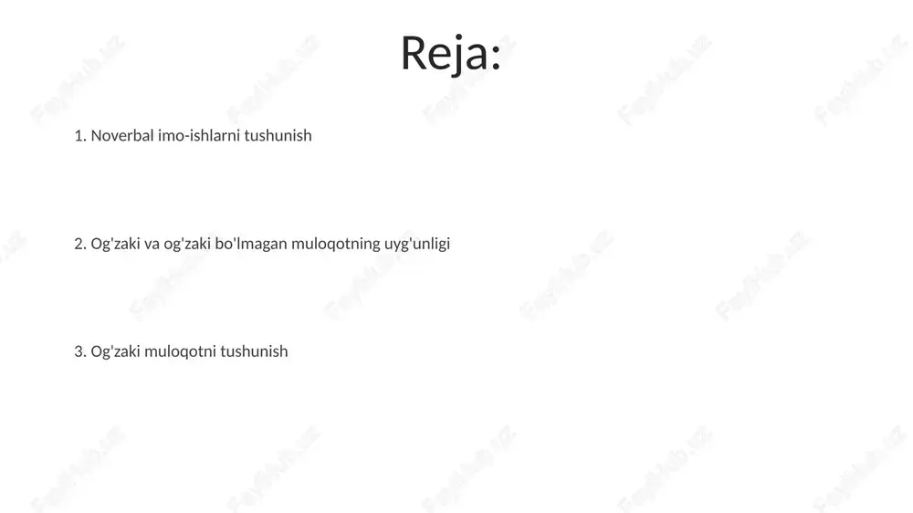 savollar, qayta bayon qilish tushunishni yaxshilaydi. masalan, londondagi biznes uchrashuvida ishonchli muloqot rio-de-janeyro plyajlaridagi oddiy suhbatdan farq qiladi samarali muloqot og'zaki va og'zaki bo'lmagan muloqotni birlashtiradi; og'zaki va og'zaki bo'lmagan signallar o'rtasidagi moslik ishonchni kuchaytiradi. nomuvofiqlik (masalan, salbiy gap aytayotganda tabassum qilish) chalkashlikni keltirib chiqaradi madaniy farqlar aloqada og'zaki muloqot uslublari juda farq qiladi: to'g'ridan-to'g'ri va bilvosita (masalan, niderlandiyadagi qat'iy muloqot va indoneziyadagi muloyim bilvosita muloqot); rasmiyatchilik (ko'plab osiyo mamlakatlarida unvonlar, hurmatli murojaatlar); til qo'llanilishi (masalan, ispan va fransuz tillaridagi rasmiy va norasmiy registrlar) og'zaki muloqot ta'rifi birlashgan muloqot: samarali muloqot tushunishni yaxshilash uchun og'zaki va og'zaki bo'lmagan signallarni birlashtiradi. ishonchli ohang (og'zaki) va to'g'ridan-to'g'ri ko'z aloqasi (og'zaki bo'lmagan) silicon valleydagi 50 investorga mo'ljallangan biznes taqdimotining ta'sirini kuchaytiradi. nomuvofiqliklar noto'g'ri talqinlarga olib keladi. so'z va so'zsiz moslik noverbal aloqa: kinezika (imo-ishoralar, 500 dan ortiq qo'l harakatlari), proksemika (masofa, masalan, yaqin suhbat uchun 18 dyuym), paralangvaj (ohang, balandlik), haptika (tegish, tokioda …
