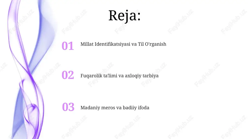 timoiy normalar va xulq-atvor fanlari millat ichidagi ijtimoiy-iqtisodiy omillar (masalan, braziliyadagi daromadlar tengsizligi sifatli ta'limga kirishga ta'sir etib, savodxonlik darajasida 25% farqni keltirib chiqaradi) tarbiya bilan o'zaro ta'sirlashib, turli sohalarda xulq-atvor natijalarini shakllantiradi millat tarbiyasi tamoyillari (masalan, sharq jamiyatlaridagi itoatkorlikka va g'arb jamiyatlaridagi mustaqillikka urg'u) xulq-atvor namunalarini shakllantiradi va turli fanlarga ta'sir qiladi vatanparvarlik va fuqarolik ta'limi e'tiboringiz uchun rahmat @taqdimot_robot image1.jpeg image2.jpeg image3.jpeg
