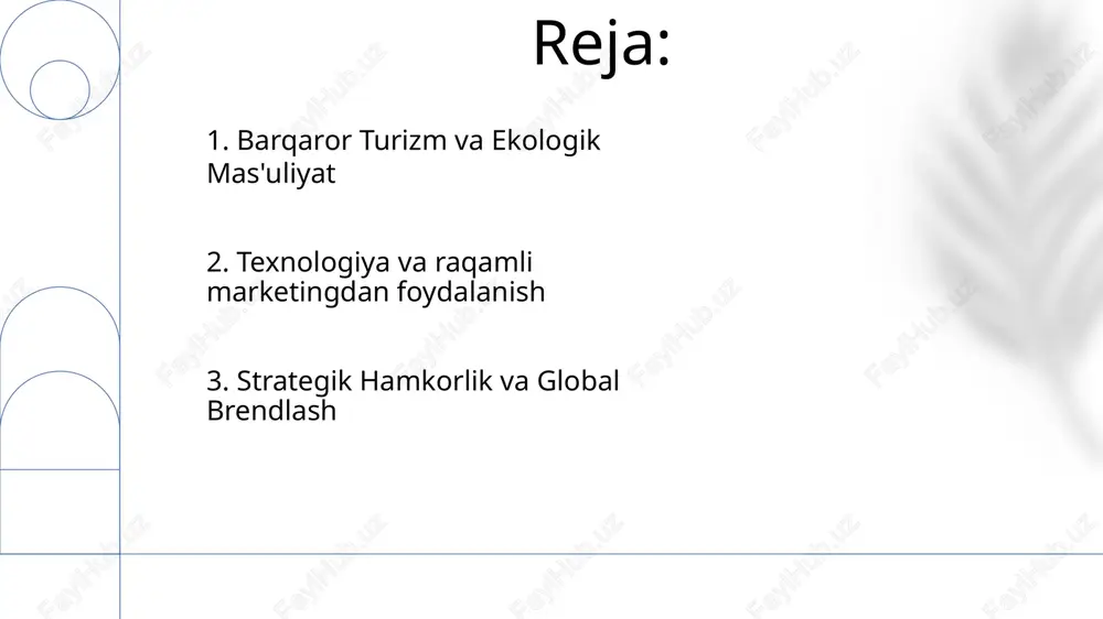 ment) jalb qilib, kosta-rika va galapagos orollari kabi ekologik jihatdan nozik hududlarda yuqori adrlarni hosil qiladi va 3 yil ichida daromadni 10-15% ga oshiradi. 7. ekologik barqarorlik tashabbuslari jahon bo'yicha mehmonxonalarning 70%i 2030-yilga qadar leed sertifikatiga (energiya va atrof-muhit dizaynida yetakchilik) ega bo'lishni maqsad qilgan bo'lib, kosta-rika va islandiya kabi joylarda qayta tiklanadigan energiya (quyosh, shamol) manbalarini qo'llaydi jahon tajribasi (masalan, 5000 dan ortiq mehmonxonada iso 14001 (atrof-muhitni boshqarish)ni joriy etish) london va parij kabi shaharlarda karbon izini o'rtacha 25% ga kamaytiradi 8. barqaror turizm amaliyoti muvaffaqiyatli misollardan biri maldivlardagi gili lankanfushi kurorti (100% yangilanuvchi energiya) va kanadadagi fairmont chateau lake louise (keng ko'lamli tabiatni muhofaza qilish dasturlari va suv iste'molini 30% kamaytirish) hisoblanadi 9. jamoatchilik bilan ishlash va rivojlantirish mahalliy jamoatchilik bilan hamkorlik (masalan, kosta-rikadagi 2023-yilgi barqaror turizm sertifikatlash dasturi; nayrobining mehmonxona hunarmandchilik loyihalarida 30 mahalliy hunarmandning ishtiroki; amazon ekologik yotoqxonasining jamoa rivojlanishi bo'yicha 5 yillik rejasi, natijada bandlik …