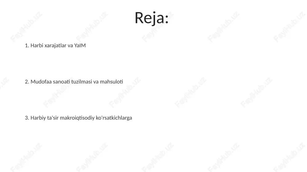 ) turli ustuvorliklar va resurslarni taqsimlash strategiyasini ko'rsatadi inson kapitali va harbiy makroiqtisodiy ko'rsatkichlar va harbiy soha: inflyatsiya (mudofaa xarajatlarining oshishi), ishsizlik (mudofaa sektorida ish o'rinlari yaratilishi), davlat qarzi (harbiy xarajatlarning ta'siri), savdo balansi (qurol-yarog' eksport/import), iqtisodiy o'sish (harbiy investitsiyalar rag'batlantiruvchi omil yoki to'siq) geosiyosiy oqibatlar va harbiy xarajatlar mintaqaviy harbiy ittifoqlar (masalan, yevropadagi nato, hind-tinch okeanidagi aukus) murakkab geosiyosiy tarmoqlarni yaratib, jahon savdo yo'llariga (masalan, malakka bo'g'ozi), resurslar nazoratiga (masalan, arktika neft va gazi) va diplomatik munosabatlarga (masalan, aqsh-xitoy munosabatlarining keskinlashuvi) ta'sir ko'rsatadi harbiy-sanoat komplekslari (masalan, aqshdagi lockheed martin, boeing; rossiyadagi rostec) iqtisodiyotga kuchli ta'sir ko'rsatadi, davlat byudjetini, mehnat bozorini (jahon bo'yicha millionlab ish o'rinlari) va texnologik yangilanishlarni (masalan, hipersonik qurollarni ishlab chiqarish) shakllantiradi quroll savdosi va to'lov balansi e'tiboringiz uchun rahmat @taqdimot_robot image4.jpg image5.jpg image6.jpg image7.jpg image8.jpg image9.jpg image10.jpg image11.jpg image1.jpeg image2.jpeg