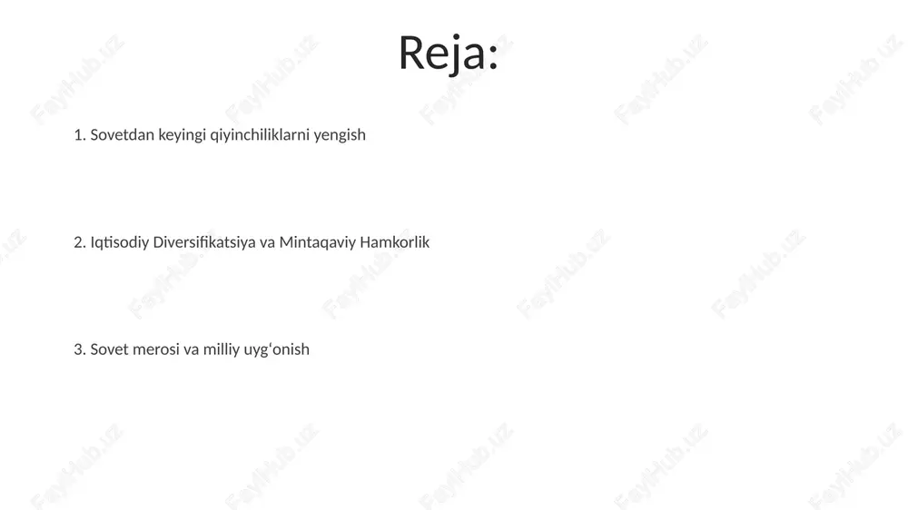 i barqaror oʻsish, paxtadan tashqari diversifikatsiya, oltin, uran va tabiiy gaz zahiralaridan foydalanish, rossiya, xitoy va gʻarb bilan geosiyosiy murakkabliklarni hal qilishga qaratilgan sovet merosi va uning ta'siri iqtisodiy islohotlar va qiyinchiliklar o'zbekiston, post-sovet mustaqilligi (1991)dan keyin giperinflyatsiyaga (1992-94, 1000%dan ortiq) va yaimning 40% ga pasayishiga duch keldi o'zbekistonning 1991-yil 31-avgustda e'lon qilingan mustaqilligi sovet ittifoqining parchalanishidan keyin, 70 yillik sovet hokimiyatiga barham berdi 2005 yildagi andijon qoʻzgʻoloni va unga hukumatning munosabati oʻzbekistonning mustaqillik yoʻlidagi qiyinchiliklarini koʻrsatadi. paxta yetishtirishga yoʻnaltirilgan iqtisodiy siyosat va diversifikatsiya urinishlari mamlakat rivojlanishiga, xususan fargʻona vodiysidagi 7 million aholiga taʼsir koʻrsatdi mustaqillik qahramonlari ijtimoiy va madaniy o'zgarishlar o'zbekiston, post-sovet o'tish davri (1991-hozirgi kungacha), samarqand va toshkent kabi turli hududlardagi 30 milliondan ortiq fuqarolarga ta'sir ko'rsatgan murakkab ijtimoiy-madaniy o'zgarishlarni boshdan kechirdi, sssrning markazlashgan tizimidan qolgan muammolar orasida iqtisodiy liberallashtirish va siyosiy islohotlar bilan kurashdi. xususiylashtirish va bozorga o'tish o'zbekistonning 1991-yildan keyingi xususiylashtirish jarayoni davlat korxonalarini xususiylashtirishni o'z …