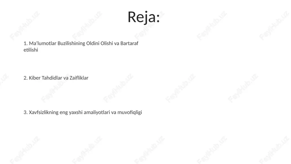 liklarini (cve-2023-xxxx) 72 soat ichida bartaraf etiladi va hujum yuzasini kamaytiradi muvofiqlik va qoidalar ma'lumotlar xavfsizligi uchun gdpr (yevropa), ccpa (kaliforniya), hipaa (sog'liqni saqlash) va iso 27001 kabi qoidalarga rioya qilish majburiydir. bu ma'lumotlarni shifrlash, kirishni nazorat qilish va hodisalarga javob berish rejalarini o'z ichiga oladi kiberxavfsizlikning eng yaxshi amaliyotlari kuchli xavfsizlik devorlarini o'rnatish, zaifliklar uchun dasturiy ta'minotni muntazam yangilash (masalan, log4j), yakun nuqta aniqlash va javob (edr) yechimlarini qo'llash va zaif tomonlarni aniqlash uchun kirib o'tish sinovlarini o'tkazishni o'z ichiga oladi e'tiboringiz uchun rahmat @taqdimot_robot image4.jpg image5.jpg image6.jpg image7.jpg image8.jpg image9.jpg image10.jpg image1.jpeg image2.jpeg