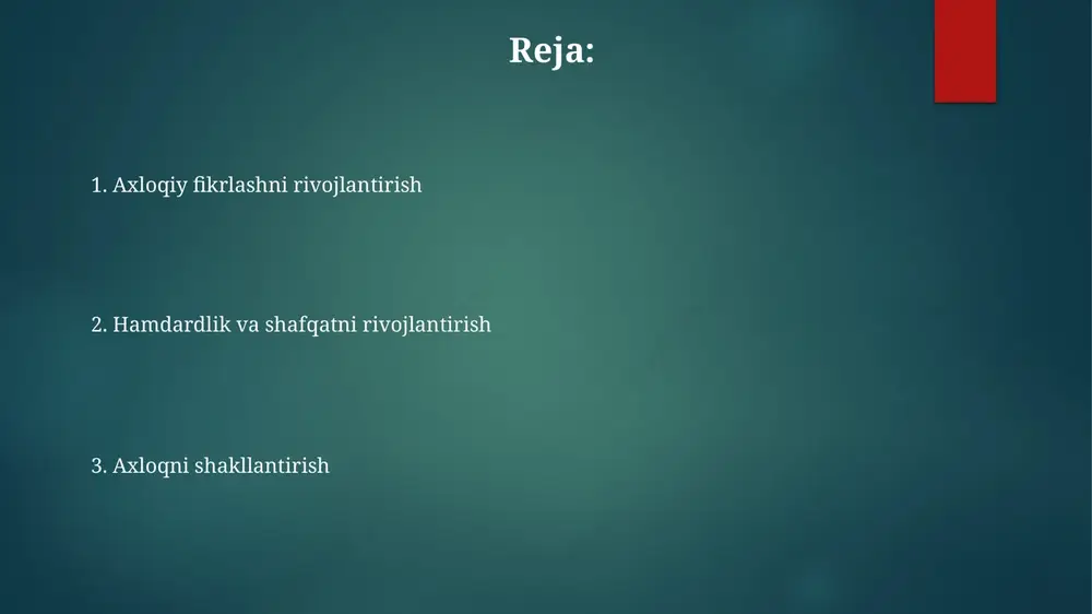 tida yechimlarni topish) usullaridan foydalaniladi axloqiy rivojlanishni baholash kuzatish (masalan, bolalarning suv stolidagi mojarolarga munosabatini kuzatish), anekdot yozuvlari (masalan, erkin o'yin paytida mehribonlik harakatlarini hujjatlashtirish) va o'qituvchi-bola suhbatlari (masalan, doiradagi muhokamalar davomida harakatlarning ta'sirini muhokama qilish) orqali amalga oshiriladi 3-5 yoshli bolalar uchun muhim bo'lgan axloq tarbiyasi, rostgo'ylik (masalan, sinfda yo'qolgan narsalarni qaytarish), mehribonlik (masalan, do'stga rasm dasturxonida tushib ketgan boyoqlarni yig'ishtirishga yordam berish) va hurmat (masalan, kutubxona burchagida ertak vaqtida diqqat bilan tinglash) kabi qadriyatlarni o'z ichiga oladi ijobiy namunalarning ahamiyati ijobiy namunalar va axloq tarbiyasi ta'siri maktabgacha ta'limdan ham oshadi. uzoq muddatli kuzatishlar (5-10 yil) erta axloqiy rivojlanish bilan keyingi hayot natijalari (o'qishdagi yutuqlar, ijtimoiy mas'uliyat, jinoyatchilikning kamayishi) o'rtasida kuchli musbat bog'liqlik borligini ko'rsatadi maktabgacha yoshdagi (3-5 yosh) bolalarni axloqiy tarbiyalashda hikoya aytish (ezop masallari), rollarni o'ynash, ijtimoiy vaziyatlar haqida muhokama qilish va to'g'ri xulq-atvorni kuzatish kabi usullar qo'llaniladi ijobiy namuna bo'lgan shaxslar (masalan, o'qituvchilar, ota-onalar, jamoat arboblari) …