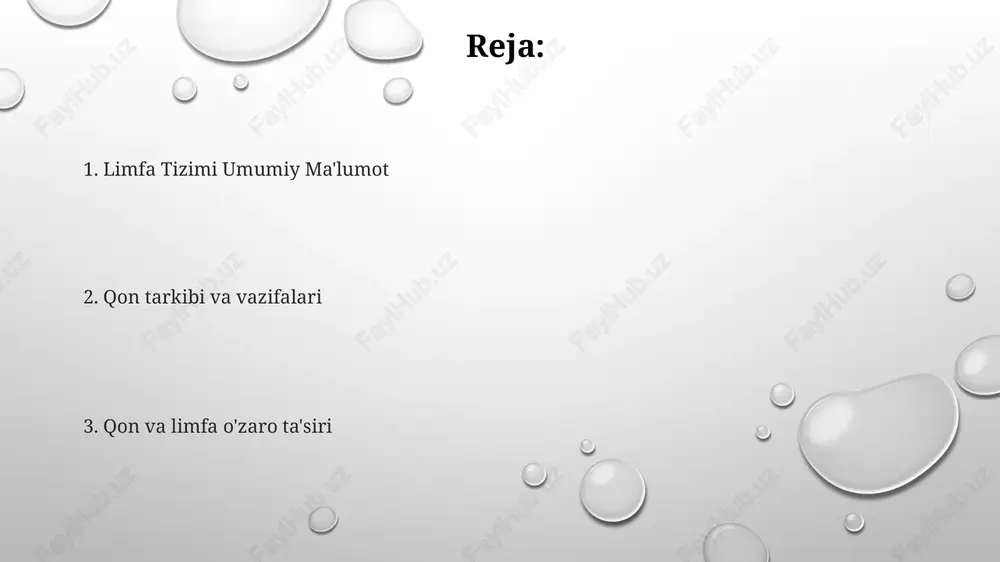 suyuqlik, ozuqa moddalari va chiqindilarning harakatini taʼminlaydi plazma oqsillari qon (5-6l) plazma (55%) va shakllangan elementlardan (45% - eritrotsitlar ~5 million/µl, leykotsitlar ~7000/µl, trombotsitlar ~250000/µl) iborat; gematokrit eritrotsitlar hajmini o'lchaydi; suyak iligi qon hujayralarini hosil qiladi; taloq eski eritrotsitlarni filtrlaydi. qon plazma oqsillari (al'bumin, globulin, fibrinogen ~7g/dl) qonning onkotik bosimini saqlaydi; ko'pchiligini jigar sintez qiladi; qon butun tanada ozuqa moddalarini (glyukoza ~90mg/dl), gormonlarni (masalan, insulin) va chiqindi mahsulotlarni (mochevina ~20mg/dl) tashiydi. to'qimalararo suyuqlik (~11l) hujayralarni o'rab turadi; limfa (1-2l) limfa kapillyarlari orqali to'qimalardan to'qimalararo suyuqlikni yig'adi; limfa tugunlari limfani filtrlaydi, patogenlar va hujayra qoldiqlarini olib tashlaydi; limfotsitlar (masalan, t-hujayralar, b-hujayralar) limfa ichidagi asosiy immun hujayralardir. trombotsitlar qon plazmasidagi trombotsitlar (150-450 x 10⁹/l), gemostaz uchun muhim, to'qimalardagi (suyak ko'migi, teri, jigar) shikastlanish joylarida yig'ilib, qon ketishini oldini oladi. ichki to'qima suyuqliklari (11-12l) hujayralarni o'rab, ozuqa moddalari va chiqindi mahsulotlar almashinuvini ta'minlaydi. limfa tugunlari limfani filtrlaydi, unda immun javob uchun muhim bo'lgan …