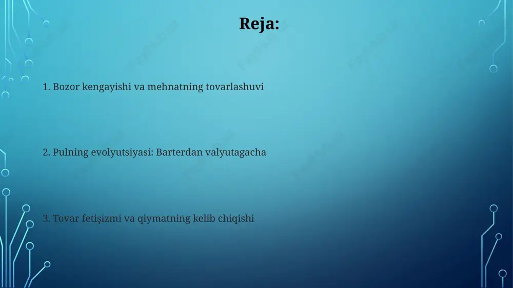ashinuvi kuzatilgan; arpa, matolar va chorva mollari almashtirilgan bo'lib, sodda bozor iqtisodiyotining asosini tashkil qilgan qadimgi yunoniston (mil. av. viii-vi asrlar)da tovar-pul munosabatlari rivojlandi. afin agorasi zaytun yog'i, sharob, kulolchilik buyumlari va don savdosini kengaytirdi. standart vazn va tozalikka ega kumush draxmalar o'rtayer dengizi bo'ylab asosiy almashinuv vositasi bo'ldi jahon moliya bozorlari va tovar fyucherslari tovar-pul munosabatlari bozor iqtisodiyotlarini tubdan shakllantiradi. tovarlarning (masalan, brent xom neft, wti, arabika kofesi) narxi inflyatsiyaga sezilarli ta'sir ko'rsatib, aqsh federal rezerv tizimi va yevropa markaziy banki kabi markaziy banklarning pul-kredit siyosatiga ta'sir qiladi jahon moliyaviy bozorlari (masalan, nymex va cme group kabi birjalar) yillik trilyonlab aqsh dollariga baholanadigan tovar fyucherslari (masalan, oltin, neft, qishloq xo'jaligi mahsulotlari) bilan savdo qiladi fiat pul va davlat fiat pul, masalan, oltin yoki kumush kabi tovar pullardan farqli ravishda, oʻziga xos qiymatga ega emas; uning qiymati hukumat farmoni bilan belgilanadi. aqsh dollari, yevro va yen bunga misol. qiymatni saqlash …