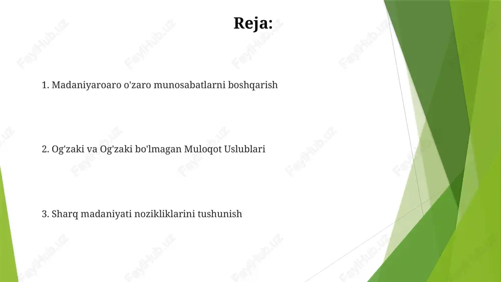 xos madaniy me'yorlariga qaratilgan batafsil muzokaralardan oldingi tadqiqotlarni talab qiladi. sabr-toqat va qat'iyat muhim; tezkor xulosalar g'arbiy madaniyatlarga qaraganda kamroq uchraydi sharqiy muzokara uslublari, ko'pincha bilvosita va munosabatlarga yo'naltirilgan (masalan, yaponiya, xitoy), g'arbiy to'g'ridan-to'g'ri yondashuvlar bilan keskin farq qiladi ierarxiyaning roli ierarxik tuzilmalar (masalan, sharqiy osiyodagi konfutsiyatchilikning katta-kichiklikka asoslangan tizimlari, 5000 yildan beri aloqa uslublariga ta'sir ko'rsatib, qishloq xitoyidagi oilaviy munosabatlardan tortib tokiodagi korporativ boshqaruv xonalarigacha bo'lgan o'zaro munosabatlarga ta'sir qiladi) sharq odobi bilvosita muloqotga (vyetnam va indoneziya kabi mamlakatlarda keng tarqalgan yuqori kontekstli muloqotga), nozik noverbal ishoralar va nozik takliflar orqali o'zaro ta'sirlarga ta'sir ko'rsatadi (xanoi yoki jakartadagi biznes muzokaralariga ta'sir qiladi) odobli va nodobli murojaat mehmondo'stlik va ijtimoiy munosabatlar sharqqa osiyo mehmondo'stligi (masalan, yaponiyadagi choy marosimlari, xitoidagi qimmat ovqatlar) ko'pincha kollektivizmni, shaxsiy ehtiyojlarga qaraganda munosabatlarni qurishni ustuvor deb biladi. sovg'a berish (masalan, janubiy koreyada ikki qo'l bilan vizitkalar almashish) ramziy ahamiyatga ega bo'lib, hurmatni aks ettiradi va ishonchni …