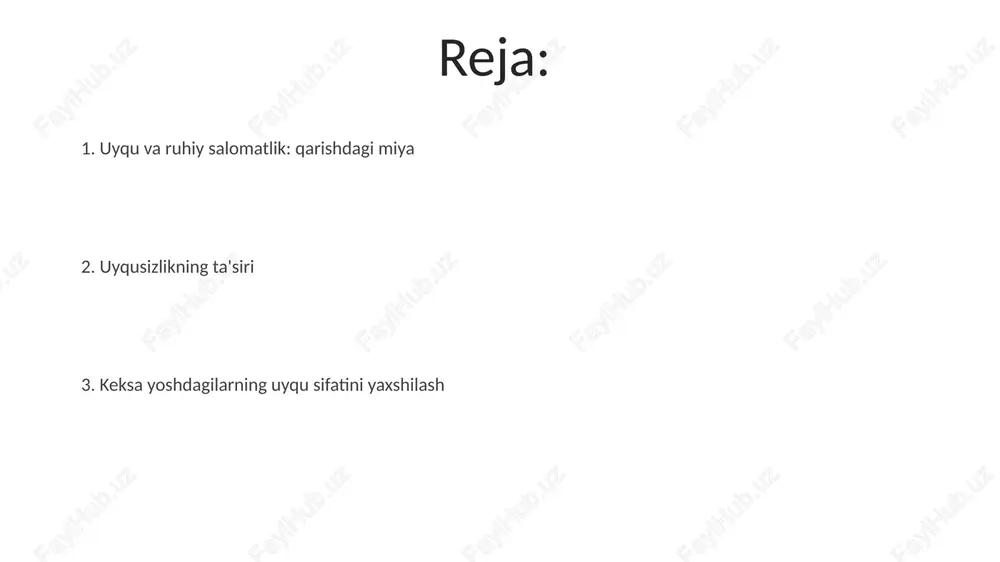 ssiya (dsm-5 296.2x) va xavotir (dsm-5 300.0x) xavfini oshiradi, global miqyosda har 4 kishidan 1 tasiga ta'sir qiladi 65 yosh va undan katta yoshdagilarda uykusizlik va uyku apnoesi ko'proq uchraydi, bu altsgeymer va dementsiya kabi kognitiv pasayish va florida va kaliforniya kabi joylarda kasalxonaga yotqizilish holatlarining ko'payishi bilan bog'liq uyqu va ruhsal salomatlik: qarish miyasi uyqusizlikning ruhiy salomatlikka ta'siri yosh kattalar (≥60 yosh) orasida yaponiya va avstraliyada uyqu muddatining qisqarishi (<6 soat) demansiya va altsgeymer kasalliklarining 40% ga oshishiga, ijro funksiyalarining 15-25% ga pasayishiga va dori-darmonlarga rioya qilishning 10-15% ga kamayishiga olib keladi. yevropa va shimoliy amerikadagi keksa odamlarda surunkali uyqusizlik (<5 soat) insult xavfini (1,5-2 baravar) va yurak-qon tomir kasalliklarini 25-35% ga sezilarli darajada oshiradi; kayfiyatni tartibga solish va hissiy barqarorlikka 30-40% ta'sir qiladi. 7 soatdan ko'proq uyqusizlik 65 yoshdan oshganlarda depressiya va xavotirga 30% yuqori xavf bilan bog'liq (aqsh va buyuk britaniya tadqiqotlari); kognitiv funksiyani (xotira, diqqat) 20-30% …