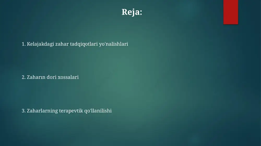 krak bezi saratoni va melanomaga qarshi potentsialni ko'rsatmoqda (kvinslend universiteti, garvan tibbiyot tadqiqot instituti) konus salyangozlaridan (conus geographus, conus magus) olingan konotoksinlar 20 dan ortiq og'riq qoldiruvchi peptidlarni, jumladan, surunkali og'riqni davolashda morfinden 1000 baravar samarali bo'lgan zikonotid (prialt)ni berdi; saraton og'rig'ini davolash bo'yicha tadqiqotlar davom etmoqda virusga qarshi ta'sir gemostatik vositalar ankrod (ansitrat), malayan pit viper (calloselasma rhodostoma) zahridan olingan, 1970-yillardan beri qo'llanilib, trombinga o'xshash ta'sir ko'rsatadi va yevropa, aqsh va osiyoning ayrim qismlarida yiliga 5000 dan ortiq bemorda tromboembolik kasalliklarni davolashda qo'llaniladi tropik indo-tinch okeani suvlarida yashovchi konus salyangozlari (conus spp kelajakdagi zahar tadqiqotlari yo'nalishlari jahon bo'ylab (masalan, osiyodagi ilonlar, avstraliyadagi o'rgimchaklar, afrikadagi chayonlar) kamida 100 turli zaharli hayvon turining zahar xususiyatlarini aniqlash va toksin mexanizmlarini tushunish uchun ilg'or tahlil usullari (masalan, ymr, mass-spektrometriya, rentgen kristallografiyasi) zarur neyroxologik qo'llanmalar chayon zaharlari (buthus martensii, androctonus australis) natriy va kaliy kanallariga ta'sir qiluvchi neyrotoksinlarni o'z ichiga oladi, bu epilepsiya (jahon …