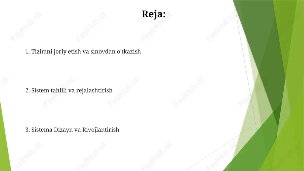 sistema ishga tushirish tizim ishga tushirish (1-bosqich): loyiha xartiyasi yaratish (doira, maqsadlar, 3 asosiy manfaatdor tomonlarni aniqlash), resurslar taqsimlash (byudjet: 50 000$, xodimlar: 5 fte), xavflarni baholash (potentsial kechikishlar, san-frantsisko joylashuvi ta'siri), dastlabki amaliylik tadqiqoti (texnik, iqtisodiy jihatdan maqsadga muvofiqligi). sinov va sifat nazorati e'tiboringiz uchun rahmat @taqdimot_robot image1.jpg image2.jpg image3.jpg image4.jpg image5.jpg image6.jpg image7.jpg