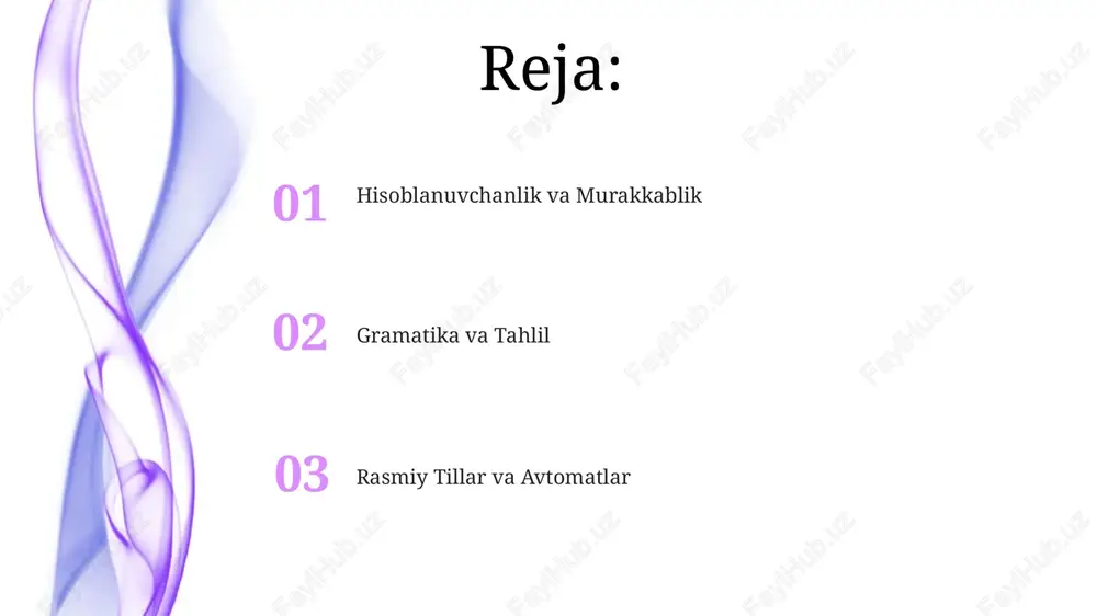 ) kabi qaror qilinmaydigan muammolar bunday algoritmlarga ega emas rasmiy til nazariyasi rasmiy grammatikalarni (masalan, chomsky ierarxiyasi: 0-tip, 1-tip, 2-tip, 3-tip grammatikalar), avtomatlarni (chekli avtomatlar, yigʻuvchi avtomatlar, tyuring mashinalari) va ularning rasmiy tillar bilan aloqasini o'rganadi avtomatlar nazariyasi formal grammatika nazariyasi avtomatlar bilan chambarchas bogʻliq boʻlib, tillarning tuzilmasini aniqlaydigan rasmiy grammatikalarni (regular, kontekstsiz, kontekstga bogʻliq, rekursiv ravishda sanab chiqiladigan) oʻrganadi dasturlash, ma'lumotlar bazasi, dastur tekshiruvi, kriptografiya va bioinformatika kabi sohalarda qo'llaniladi. hisoblanuvchanlik formal grammatika nazariyasi (chomsky ierarxiyasi: 0-3-tipdagi) rasmiy tillarni hosil qiluvchi rasmiy grammatikalarni o'rganadi, bu kompilyatorlarni loyihalash va dasturlash tillarining semantikasi uchun muhimdir. tahlil qilishda ishlatiladigan kontekstsiz grammatikalar (cfg) sintaksisini tasvirlaydi. oddiyroq bo'lgan muntazam ifodalar (regex) matnni qayta ishlashda qo'llaniladi avtomat nazariyasi hisoblashni abstrakt mashinalar yordamida modellashtiradi: cheklangan avtomatlar (fa), yig'ish avtomatlari (pda), tyuring mashinalari (tm). fa muntazam tillarni, leksik tahlil uchun muhim bo'lgan tillarni aniqlaydi. pda kontekstsiz tillarni, sintaksis tahlilida (parsla) muhim bo'lgan tillarni aniqlaydi hisoblash nazariyasi, nazariy …