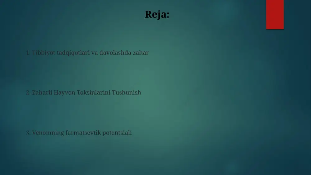 qiluvchi aritmiya va 6 million atrofidagi amerikaliklarga ta'sir qiluvchi atriyal fibrillatsiyani davolashda potentsialga ega og'riqni boshqarishdagi yutuqlar zaharli hayvonlar zahari (masalan, konus salyangozlari, o'rgimchaklar, chayonlar) tarkibida 100 000 dan ortiq bioaktiv peptidlar bo'lib, ulardan 200 dan ortig'i preklinik tadqiqotlarda morfin ta'siridan 10-1000 marta kuchli og'riq qoldiruvchi xususiyatlarga ega (masalan, kvinslend universiteti, avstraliya) proteomika, genomika va kombinatorial kimyo sohalaridagi taraqqiyot zahar komponentlarini ajratib olish, tuzilishini aniqlash (masalan, rentgen struktura tahlili) va peptid sintezini tezlashtirdi yallig'lanishga qarshi birikmalar konus salyangozi zahri (conus geographus) konotoksinlarni, mayda, yuqori darajada o'ziga xos peptidlarni beradi. ω-konotoksin mviia (zikonotid) kabi o'ziga xos konotoksinlar kuchli og'riq qoldiruvchi vosita bo'lib, surunkali og'riqlarni davolashda klinikada qo'llaniladi (morfiydan 100 baravar kuchliroq) neyroxologik qo'llanmalar o'rgimchak zaharlari, masalan, phoneutria turi (braziliya sayohatchi o'rgimchaklari) natriy kanallariga ta'sir qiluvchi toksinlarni o'z ichiga oladi chayon zaharlari (masalan, androctonus australis hector zahari) natriy va kaliy kanallariga ta'sir qilib, altsgeymer kabi neyrodegenerativ kasalliklarni tadqiq qilishga olib keladi immunologik …
