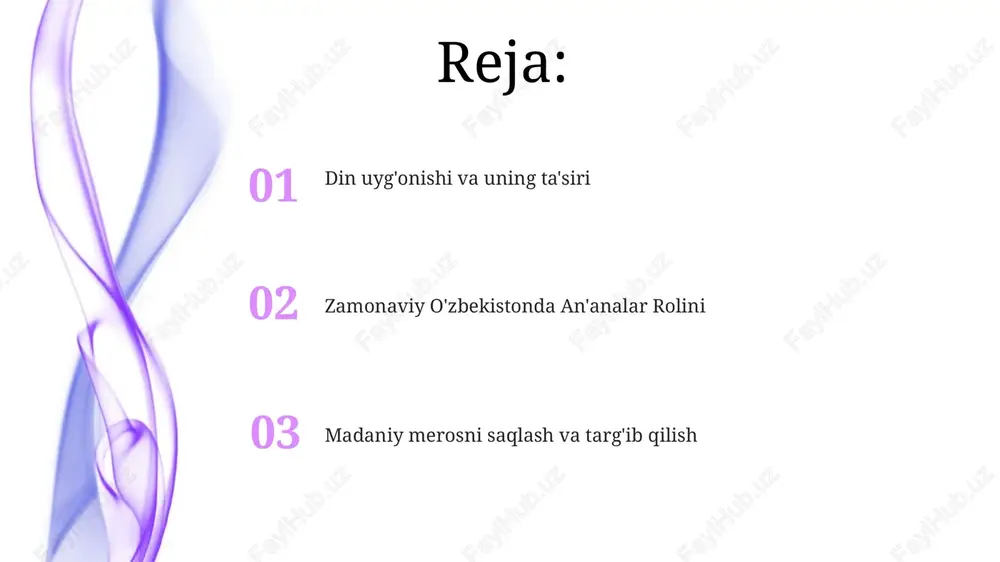 aniy diplomatiyaga ta'sir ko'rsatdi dinlarning qayta uyg'onishi va islomning roli madaniy taraqqiyot diniy uyg'onish bilan chambarchas bog'liq edi. an'anaviy san'at, hunarmandchilik va musiqa, ko'pincha islom estetikasi bilan chambarchas bog'liq bo'lib, yangi homiylik va jamoatchilik qiziqishini boshdan kechirdi islomning qayta tiklanishi nafaqat sunniy islomni, balki turli mahalliy urf-odatlar va talqinlarni ham qamrab oldi. bu diniy idoralar (muftiyat), davlat muassasalari va fuqarolik jamiyati tashkilotlari o'rtasida murakkab o'zaro ta'sirga olib keldi madaniy meros obyektlarini saqlash o'zbekiston, 1991-yildan keyingi mustaqillikdan so'ng, samarqand registon maydoni va buxoro poi kalyan majmuasi kabi 1500 dan ortiq tarixiy yodgorliklarni keng qamrovda ta'mirladi va tikladi, bu turizm va milliy g'ururni oshirdi madaniy merosni saqlash milliy g'urur bilan chambarchas bog'liq. toshkent, samarqand va boshqa shaharlardagi muzeylar kengayib, islomgacha bo'lgan, islom va sovet davri artefaktlarini namoyish etmoqda sufi an'analari tiklanishi, buxorodagi mir-arab kabi madrasalarni qayta ochilishi orqali ma'naviy taraqqiyot rivojlandi, mintaqaviy va xalqaro talabalarni jalb qildi. din erkinligining oshishi turli amallarni …