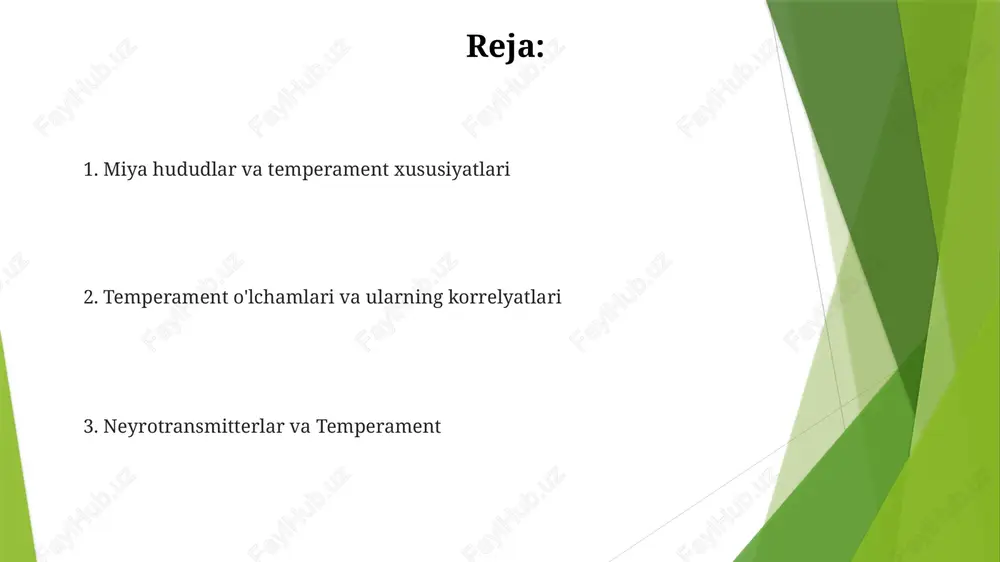 iyati va muvozanatli neyrotransmitter darajalari bilan bog'liq. qiyin xulq-atvor yuqori amigdala aktivligi, prefrontal korteks disfunksiyasi va dopamin/serotoninning buzilishi bilan namoyon bo'ladi gormonal ta'sirlarning temperamentga ta'siri gormonlar tebranishi (masalan, estrogen, testosteron, kortizol darajasi) hayot davomida temperamentga sezilarli ta'sir ko'rsatib, reaktivlikka (amigdala faoliyati), hissiy regulyatsiyaga (oldingi frontal korteks funksiyasi) va xulq-atvor ifodasiga ta'sir qiladi turli temperament turlari (masalan, tormozlangan, tormozlanmagan) turlicha neyrofiziologik profil bilan bog'liq. tormozlangan temperament, yangi qo'zg'atishlarga amigdalaning yuqori reaksiyasi bilan bog'liq bo'lib, tormozlanmagan turlariga nisbatan avtonom nerv sistemasining yuqori faolligi (yurak urishi, kortizolning oshishi)ni ko'rsatadi temperamentning biologik asoslari genetika va neyrobiologiyaga asoslangan temperament, xulq-atvor uslublari (masalan, reaksiyaga kirishish, oʻzini oʻzi tartibga solish) sifatida namoyon boʻladi temperamentning barqarorligi va moslashuvchanligi gen-muhit o'zaro ta'siriga bog'liq. epigenetik o'zgarishlar (dnk metillashuvi, gistonga o'zgarish) tajribalarga javoban gen ekspressiyasini o'zgartirib, neyrotransmitter tizimlari va miya rivojlanishiga ta'sir qiladi. muayyan genlar (masalan, dopamin retseptorlari, serotonin tashuvchisi bilan bog'liq genlar) temperament xususiyatlari bilan bog'liq neyrotransmitter tizimlari va temperament …