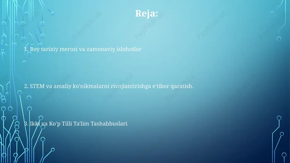iyojli (ko'rish yoki eshitish qobiliyati cheklangan) o'quvchilar qo'llab-quvvatlanmoqda boy tarix va boy madaniy meros o'quv rejasida oʻzbekiston ta'lim tizimi ahemoniylar imperiyasidan temuriylar davrigacha boʻlgan 2500 yillik boy tarixini 12 viloyat boʻylab oʻz ichiga olib, samarqand registon maydoni va buxoro poi kalyan majmuasini darsliklarga kiritgan holda noyob tarzda birlashtiradi. milliy g'urur 13 ta ta'lim muassasasi orqali o'zbek, tojik va qoraqalpoq kabi turli millatlarning madaniy merosi o'rganilib, mintaqaviy tillar va an'anaviy san'at dasturlari orqali 35 million aholisi orasida madaniy merosni asrash va xilma-xillikni targ'ib qiladi. kuchli o'qituvchilar tayyorlash va malaka oshirish dasturlari o'zbekiston o'qituvchilar farovonligiga alohida e'tibor berib, raqobatbardosh maosh, malaka oshirish stipendiyalari va 5000 dan ortiq tajribali pedagoglarni o'z ichiga olgan mentorlik dasturlarini taklif etadi milliy iste'dod va innovatsiyalarni rivojlantirish oʻzbekiston ta'lim tizimi 9500 dan ortiq maktab, 120 dan ortiq oliy oʻquv yurtlarini, jumladan toshkent davlat universiteti (1920 yilda tashkil etilgan) va samarqand davlat universiteti (xv asr kelib chiqishi)ni oʻz ichiga …