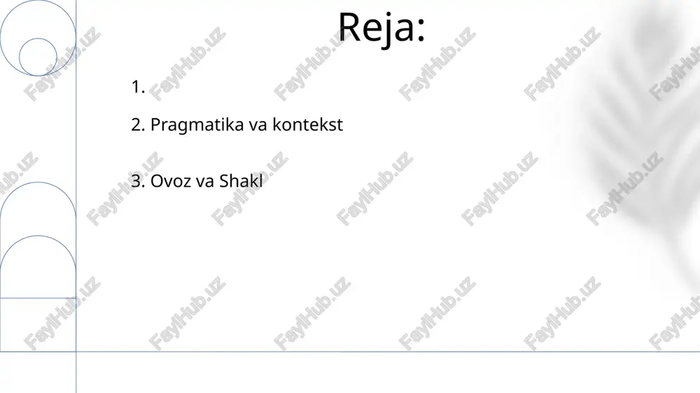 femalar (eng kichik mazmun birliklari – qo'shimchalar, qo'shimchalar, masalan, inglizcha "un-", "-ing") so'z ma'nosini hosil qiladi 3. sintaksis va semantika pragmatika kontekst (masalan, londondagi gapiruvchining niyati, parijdagi tinglovchining bilimi, sud zalidagi vaziyat omillari)ning lingvistik shakl (masalan, gaplar, so'zlar, "bu yerda sovuq" degani "iltimos, derazani yoping" degan ma'noni anglatadi) talqiniga ta'sirini o'rganadi til shakli fonetika (tovush: /p/, /b/, /t/ "pat" so'zida), morfologiya (so'z yasalishi, masalan, "sinmas"), sintaksis (gap tuzilishi, masalan, subyekt-fe'l-obyekt) va leksika (lug'at, 10 000 so'z) ni o'z ichiga oladi til shakli va mazmuni o'rtasidagi bog'liqlik murakkab, bir-biriga mos emas (masalan, turli shakllar bir xil ma'noni ifodalashi yoki bitta shakl bir nechta ma'noga ega bo'lishi mumkin). kontekst noaniqlikni bartaraf qilishda muhim ahamiyatga ega 4. pragmatika va kontekst so'z ma'nosi tahlili: leksik semantika (masalan, "bank" so'zining ko'p ma'noliligi, "katta/ulkan" sinonimlari), gap ma'nosi (kompozisionallik, pragmatika: kontekstning talqiniga ta'siri, ingliz tilidagi va'dalar yoki mandarin tilidagi iltimoslar kabi nutq harakatlari) tilning nisbiyligi (sapir-vorf gipotezasi): …