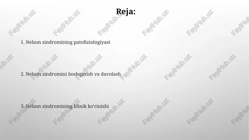 bezini olib tashlashdan keyin nelson sindromini rivojlantiradi davolash strategiyasi nelson sindromini davolash jarayonlari pituitar makroadeanomalarni jarrohlik yo'li bilan olib tashlashni (transsfenoid jarrohlik), ko'pincha qoldiq o'sma to'qimalarini kamaytirish va acth gipersekresiyasini nazorat qilish uchun radiatsion terapiyani (tashqi nurlanish terapiyasi yoki gamma pichoq kabi radiosurgery) o'z ichiga oladi ketokonazol (steroidogenezni to'xtatadi), pasireotid (somatostatin analogi, aktg sekretsiyasini kamaytiradi) va kabergolin (dopamin agonisti, prolaktin gipersekresiyasini boshqaradi, agar mavjud bo'lsa) bilan tibbiy boshqaruv jarrohlik davolash nelson sindromi operatsiyasi asoratlari: ko'rish maydoni buzilishi (ko'rish nervi kesishmasiga yaqinligi), gipofiz etishmovchiligi (umrbod gormonlarni almashtirishni talab qiladi), miya suyuqligi rino reyasi, meningit (infektsiya) va kranial nervlarning falaji (iii, iv, vi kranial nervlar) nelson sindromi, giperpigmentatsiya (melanotsit stimulyatsiya qiluvchi gormon ortishi) va ikki tomonlama buyrak usti bezi olib tashlash bilan tavsiflanib, keng qamrovli jarrohlik aralashuvni talab qiladi asoratlar va prognoz uzoq muddatli boshqaruv nyu-york klinikasida kortizol, aktg va elektrolitlar (natriy, kaliy)ni 3-6 oyda bir marta muntazam nazorat qilishni o'z ichiga …