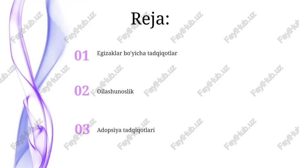 ligiga aloqador genlarni aniqlash) adopsiya tadqiqotlari biologik va asrab oluvchi ota-onalarning xususiyatlarini asrab olingan bolalarnikilar bilan taqqoslaydi (masalan, minnesota, kolorado tadqiqotlarida iq ballarini taqqoslash), bo'y, vazn, xulq-atvor muammolari kabi fenotiplarga genetik va atrof-muhit ta'sirini baholaydi genom bo'ylab assotsiatsiya tadqiqotlari (gbat) nomzod gen tadqiqotlari psixiatrik fenotiplarga ta'sir qilishi taxmin qilingan aniq genlarga (masalan, 22-xromosomaning comt geni, 17-xromosomaning 5-htt geni) qaratilib, ularning polimorfizmlarini (masalan, comtdagi val158met) nazorat guruhi bilan taqqoslash yo'li bilan tahlil qiladi. statistik tahlillar (masalan, χ², logistik regressiya) ahamiyatini aniqlaydi. oilaviy va egizaklar (monozigot va dizigot) tadqiqotlari ruhiy kasalliklarning irsiylanishini (h²) mos kelish ko'rsatkichlarini taqqoslash orqali baholaydi, variatsiyani genetik va atrof-muhit komponentlariga ajratadi (masalan, autizm spektr buzilishining irsiylanishi taxminan 80% ga baholanadi). gwas butun genomdagi (≈3 milliard bazaviy juftlik) minglab odamlardagi yagona nukleotid polimorfizmlarini (snp) tahlil qilib, belgilar bilan bog'liq snplarni aniqlaydi (masalan, 6, 11, 22 xromosomalaridagi shizofreniya moyilligi lokuslari; irsiylik baholari). gen ifodalanish tadqiqotlari xavotir buzilishlari bo'yicha (n=1000+ dan …