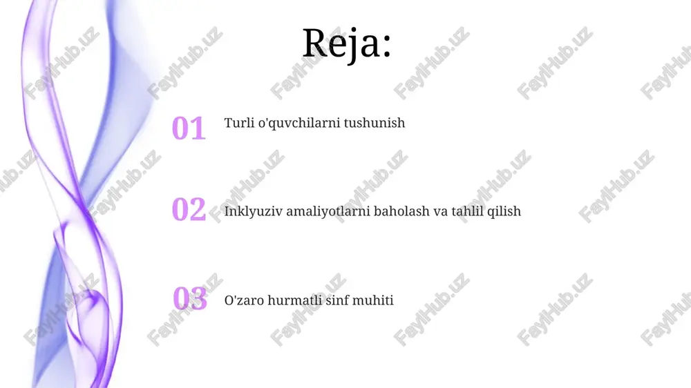 dami universal o'rganish dizayni (uod) inklyuziv sinf xonalari inklyuziv sinflar turli o'quvchilarga (masalan, chikagodagi davlat maktablaridagi iepli o'quvchilar, texasning qishloq joylaridagi iqtidorli o'quvchilar) moslashtirilgan ta'limni (masalan, turli xil o'quv materiallari, ko'p tilli resurslar) talab qiladi muvaffaqiyatli inklyuziv ta'lim kanada, avstraliya va braziliya kabi mamlakatlardagi maktablarda 5-10 ta turli fan bo'yicha 2-3 nafar ixtisoslashgan o'qituvchi, yordamchi o'qituvchilar va sinf yordamchilari ishtirokida hamkorlikdagi o'qitish modellari (birgalikda o'qitish, maslahatchi modellari) kabi oldindan ko'rilgan strategiyani talab qiladi emotional va ijtimoiy yordam emosional va ijtimoiy qo'llab-quvvatlash tarmoqlari (masalan, tengdosh mentorlik dasturlari, 24/7 yordam telefonlari) inklyuziv ta'lim uchun juda muhim inklyuziv ta'limni amalga oshirish universal o'rganish dizayni (uod) tamoyillarini – taqdimotning ko'p xilligini (vizual, auditoriya, kinestetik), harakat va ifodalanishni (yozma, og'zaki taqdimotlar, loyihalar) va jalb qilishni (tanlov, ahamiyatlilik, qiyinchilik) – talab qiladi bama baholash va baho berish 01 02 inklyuziv ta'lim turli yoshdagi (boshlang'ich, o'rta) o'quvchilar (masalan, disleksiya, adhd) uchun turli ta'lim muhitida (maxsus va umumiy …