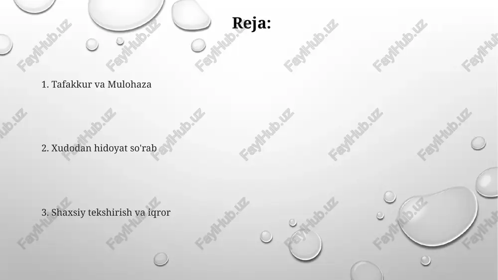 va yangilangan ma’naviy maqsad haqida ta’sirli xabar yetkazish. ruhiy tarbiyalar mulohazali namoz (1 soat, lektio divina, ignasiy uslubi) va kundalik yozuvlar (1 soat, shaxsiy fikrlar, ilohiy tushunchalar) maxsus muhitda (masalan, tabiatda dam olish, shaxsiy ibodatxona) muqaddas kitob tafakkuri (masalan, 30 daqiqa, zabur 23, ishayo 40) va ibodat (2 soat, shafoat, iqror, iltimos) xos jim joyda (masalan, kutubxona, retrat markazi) va'z yozishdan oldin. aniq ilohiyot mavzulariga (masalan, inoyat, kafforat, muqaddaslash) chuqur e'tibor qaratiladi. 24 soatlik ro'za (doniyor uslubida), belgilangan geografik joyda (masalan, quddus, mahalliy cherkov) 5 soat davomida maqsadli o'qish (tizimli teologiyaning darsligi, tegishli sharhlar). muhim oyatlar yod olingan (yuhanno 3:16, rimliklarga 8:28, matto 6:33). muqaddas kitobni o'rganish bomdod/shom namozlari (30 daq), fikr jamlash (15 daq), jamoat va muhtojlar uchun duo (10 daq); jim joy, cherkov, shaxsiy qurbongoh; lectio divina, kundalik yozuvlar; xudodan hidoyat so'rash. maruzaning tuzilishi: kirish (qiziqarli fikr, asosiy gʻoya), asosiy qism (3 fikr, rimliklarga 8, galatiyaliklarga 5, efesliklarga …