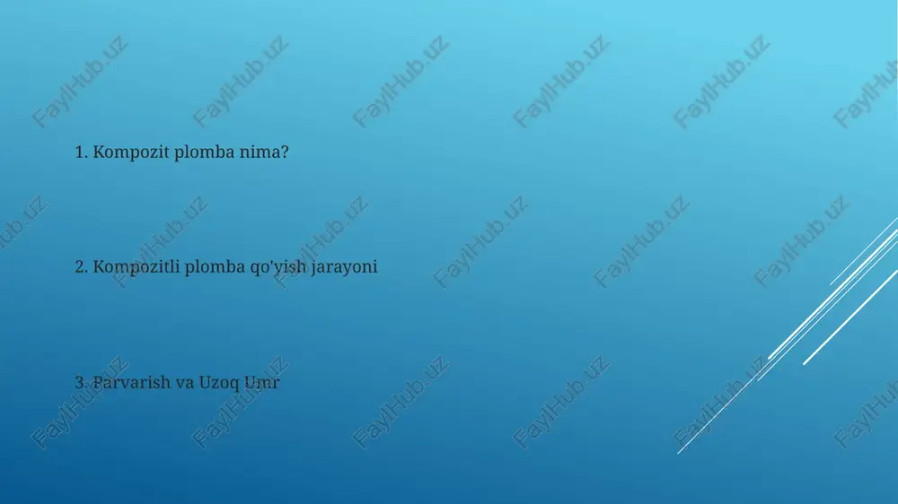 iga ham tegishli boʻlib, aqsh va yevropada kosmetik stomatologiyada keng qoʻllaniladi kompozit qatronlar tarkibi kompozit qatronlar organik monomerlardan (masalan, bis-gma, tegdma) va noorganik toʻldirgichlardan (masalan, silika, kvarts, shisha, ogʻirlik boʻyicha 70-80%) iborat boʻlib, kerakli mexanik xossalarga ega 3 oʻlchovli tarmoq tuzilmasini yaratadi matritsa qatronining yopishqoqligi (monomer turi va to'ldirgich miqdoriga bog'liq) ishlov berishni, bo'shliqqa moslashishni (masalan, blekning tasnifiga ko'ra i, ii, iii, iv, v sinf bo'shliqlari) va oldingi tishlardagi yakuniy estetik natijani ta'sir qiladi kompozitni boshqa plomba materiallari bilan solishtirish kompozitning biomoshchilig'i amalgamnikidan yuqori bo'lib, 1980-yillardan beri stomatologiyada muhim ahamiyat kasb etayotgan simob zaharliligi xavotirlari kamayadi kamchiliklar va cheklashlar narx geografik joylashuvga (qishloq va shahar), stomatologiya amaliyotiga va materiallar turiga (masalan, nano- va mikro-kompozitlar) qarab sezilarli darajada farq qiladi (100-500$ gacha). sug'urta qoplamasi mamlakat (aqsh va buyuk britaniya) va siyosat turiga bog'liq texnika sezgirligi muvaffaqiyatga ta'sir qiladi. yetarlicha tayyorgarlikning etishmasligi (masalan, bo'shliq chuqurligining yetarli emasligi, noto'g'ri yopishtirish) chidamlilikni pasaytiradi va …