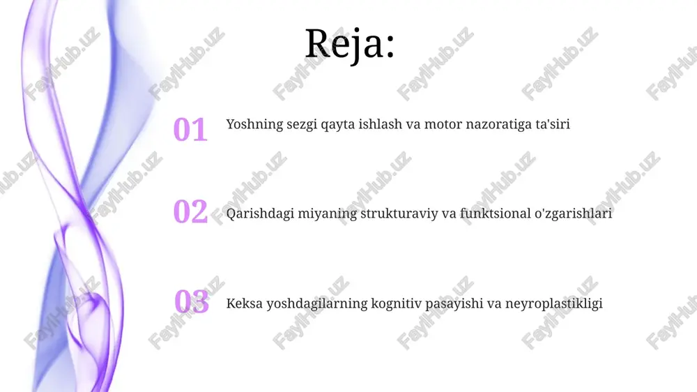 isfunksiyasi; yoshga bog'liq gaba sintezi va retseptor funksiyasining pasayishi inhibitor neyrotransmissiyani buzadi; bu keksalarda kognitiv nuqsonlarga va neyronlarning ortiqcha qo'zg'aluvchanligiga, natijada hushidan ketishga olib keladi, 70 yoshdan keyin esa bu holatlar sezilarli darajada ortadi. gipokampus va korteksda asetilxolin (ax) miqdori kamayadi; o'rganish va xotiraga ta'sir qiladi; bu xolinergik tanqislik 2023-yilgi taxminlarga ko'ra, butun dunyo bo'yicha 50 milliondan ortiq odamda uchraydigan altsgeymer kasalligida kuzatiladigan kognitiv pasayishga hissa qo'shadi kognitiv funksiya pasayishi miya shikastlanishlari acd ga sabab bo'ladi; bunga korteks atrofiyasi (masalan, 50 yoshdan keyin yiliga 1-2% gipokampus hajmining kamayishi), miya oq moddasining giperintensivligi (omm), magnit-rezonans tomografiya (mrt) orqali aniqlanib, neyronlar uzatish tezligiga ta'sir qiluvchi mielinizatsiyaning buzilishini bildiradi 70 yoshdan oshgan va tibbiy xizmatga kam ta'minlangan hududlarda yashovchilarning nutq faolligi 15-20% ga kamayishiga olib keladigan neyrotransmitterlar (atsetilxolin, dopamin) darajasining pasayishi, sinaptik plastisitlikka va o'rganish hamda xotiraga ta'sir qiladi sezgi tizimining o'zgarishlari va ularning ta'siri yoshga bogʻliq sezgi pasayishi oliy nerv faoliyatiga (onf) …