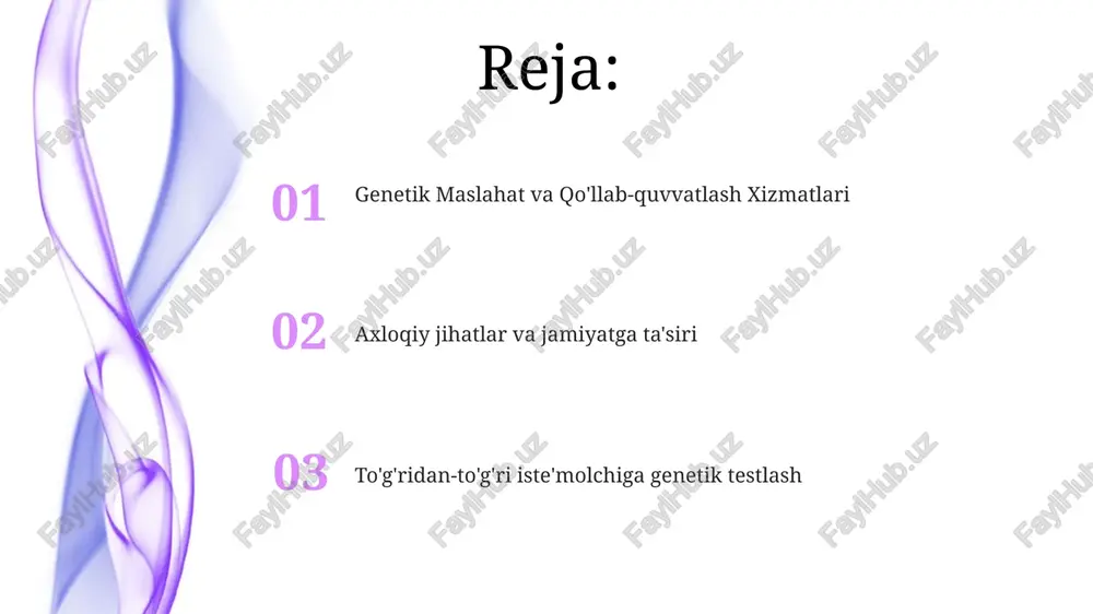 huvchi skrining testlari retsessiv genlarni (masalan, kistoz fibroz, o'roqsimon hujayra anemiyasi) aniqlaydi, aqshda taxminan 250 yangi tug'ilgan chaqaloqdan 1tasida uchraydi; kaliforniya va texas shu jumladan, ko'plab shtatlarda kengaytirilgan yangi tug'ilgan chaqaloqlarni skrining qilish paneli 50 dan ortiq kasallikni aniqlaydi genetik maslahatchilarning roli genetik kasalliklarning oldini olish (pku, kist fibroz kabi kasalliklarni yangi tug'ilgan chaqaloqlarda aniqlash), erta tashxislash (masalan, brca mutatsiyalari orqali ko'krak bezi saratonini kuzatish) va davolashga ta'siri katta genetik xizmatlar testlash (50 shtatning deyarli barchasida yangi tug'ilgan chaqaloqlarni tekshirish, tashuvchilarni tekshirish, diagnostika tekshiruvlari), maslahatlashuv (konsepsiyadan oldin, prenatal, postnatal) va ta'lim (ommaviy sog'liqni saqlash kampaniyalari, bemorlarni qo'llab-quvvatlash guruhlari)ni o'z ichiga olib, reproduktiv qarorlar va oila rejalashtirishga global ta'sir ko'rsatadi tug'ruqdan oldin diagnostika tekshiruvi genetika xizmatlarining kelajakdagi yo'nalishlari to'g'ridan-to'g'ri iste'molchiga genetik testlash aholi genomi tekshiruvi dasturlari (masalan, aqshning koʻpgina shtatlaridagi yangi tugʻilgan chaqaloqlarni tekshirish, buyuk britaniyadagi kist fibrozini milliy tekshiruvi) genetik kasalliklarga chalingan shaxslarni erta aniqlashga, oʻz vaqtida aralashuvga va sogʻliqni …
